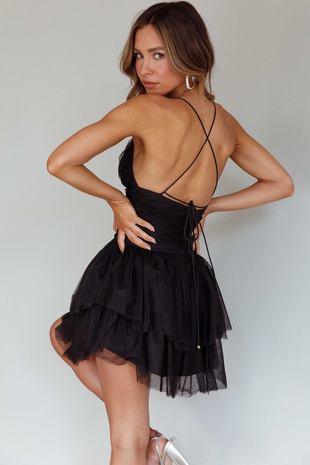 Nightingale Ruched Mesh Mini Dress Black by Selfie Leslie Australia