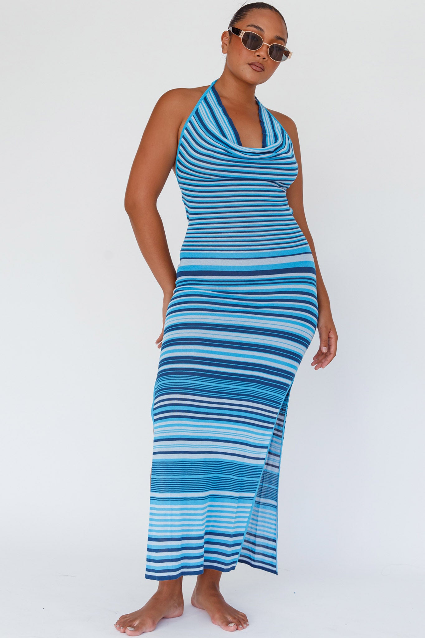 Azure Shores Knit Midi Dress Striped Blue by Selfie Leslie Australia