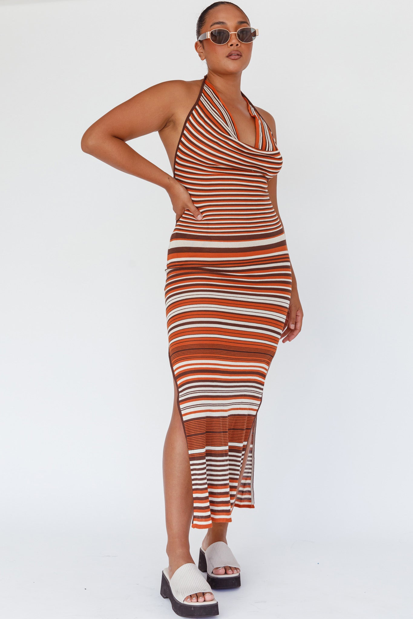 Azure Shores Knit Midi Dress Striped Tan by Selfie Leslie Australia