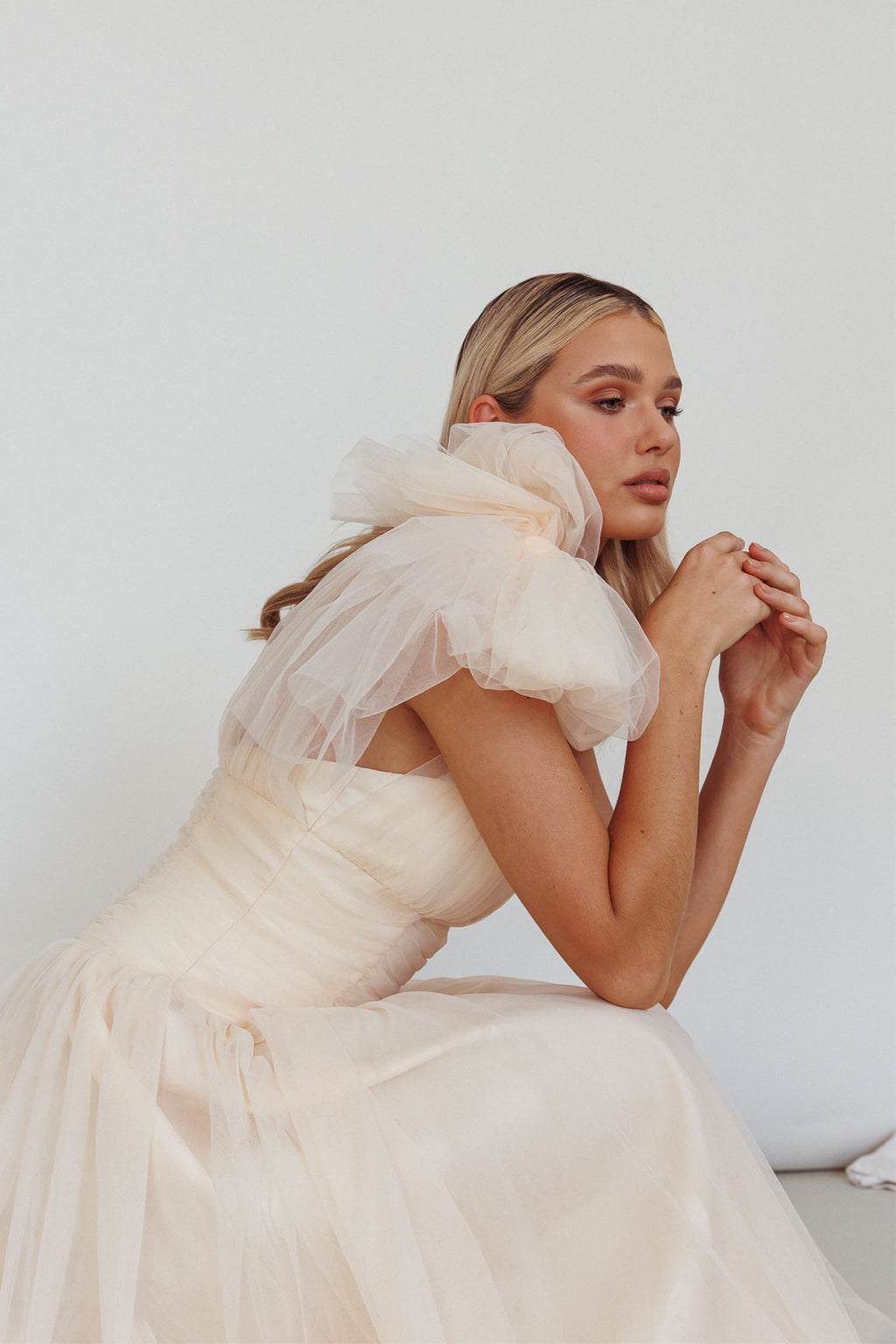 Let's Elope Bow Shoulder Midi Dress Butter by Selfie Leslie Australia
