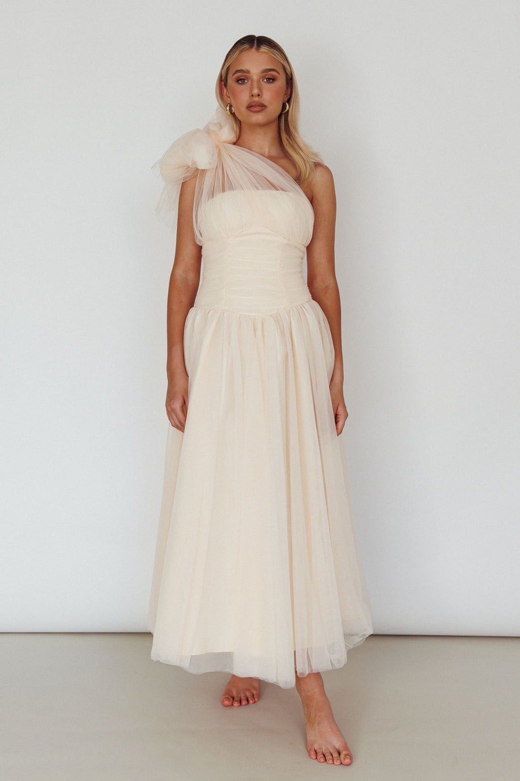 Let's Elope Bow Shoulder Midi Dress Butter by Selfie Leslie Australia