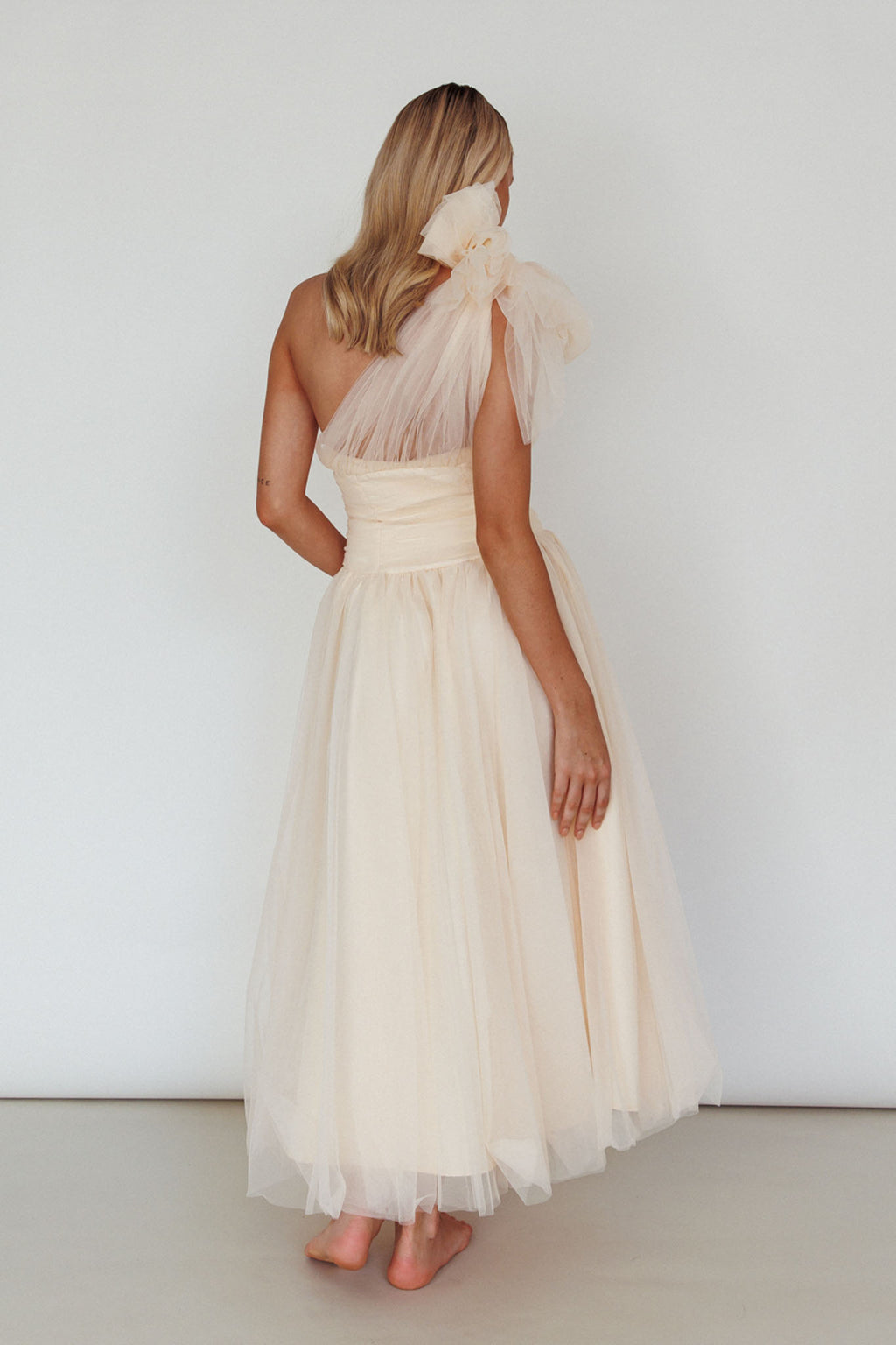 Let's Elope Bow Shoulder Midi Dress Butter by Selfie Leslie Australia