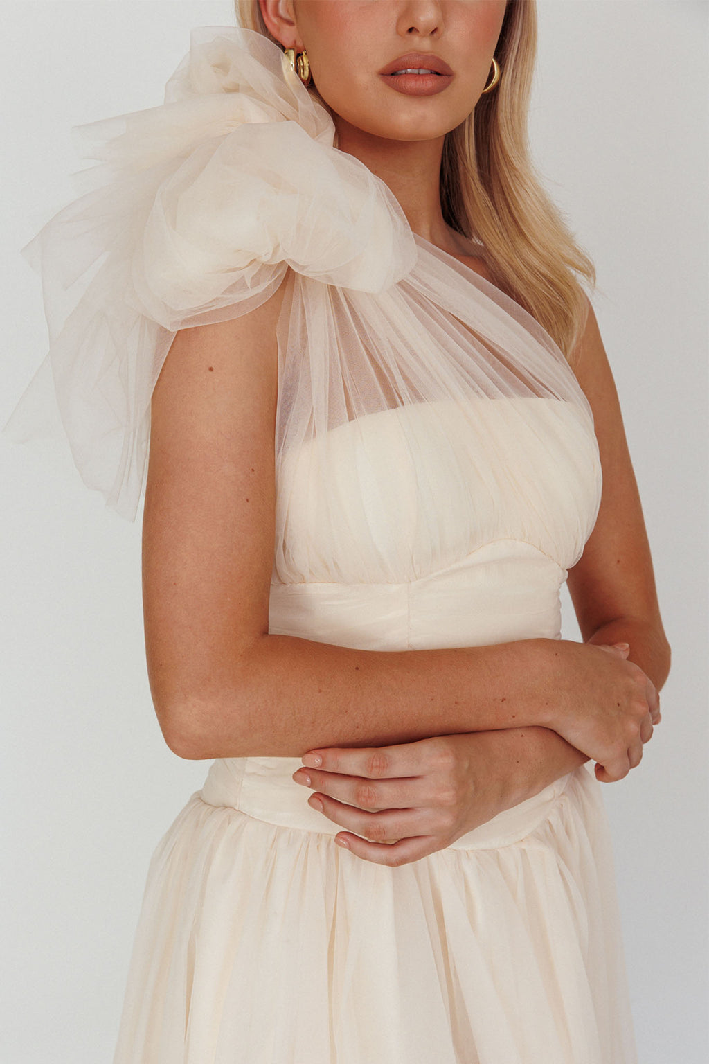 Let's Elope Bow Shoulder Midi Dress Butter by Selfie Leslie Australia