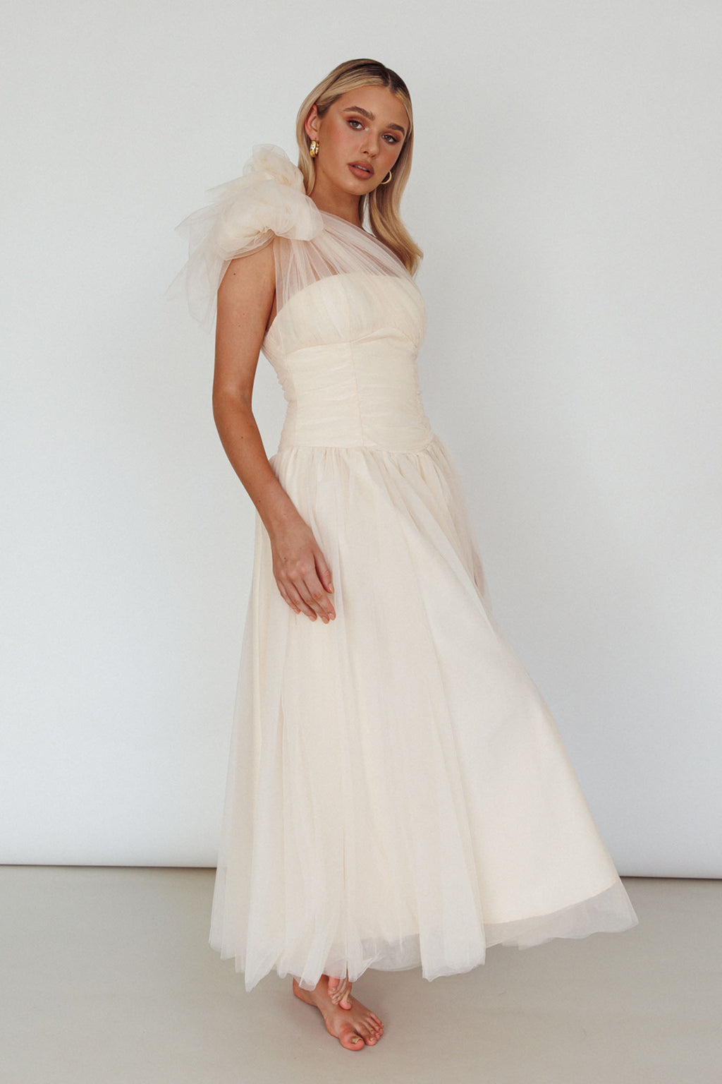 Let's Elope Bow Shoulder Midi Dress Butter by Selfie Leslie Australia