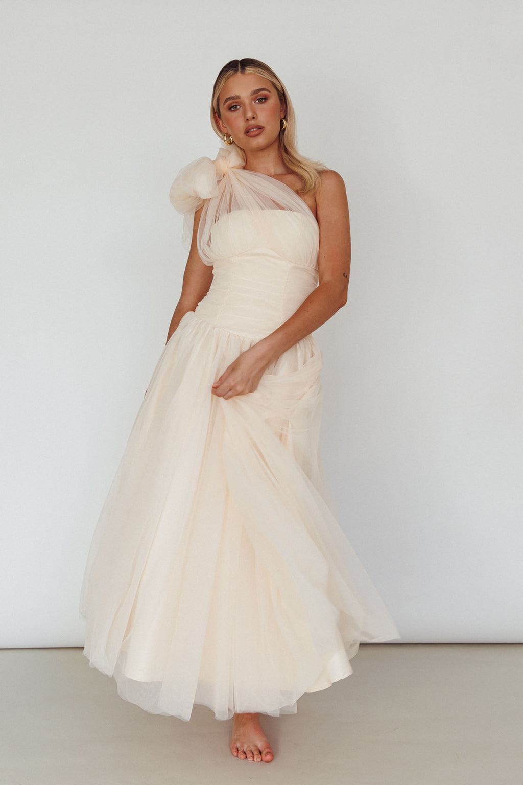 Let's Elope Bow Shoulder Midi Dress Butter by Selfie Leslie Australia