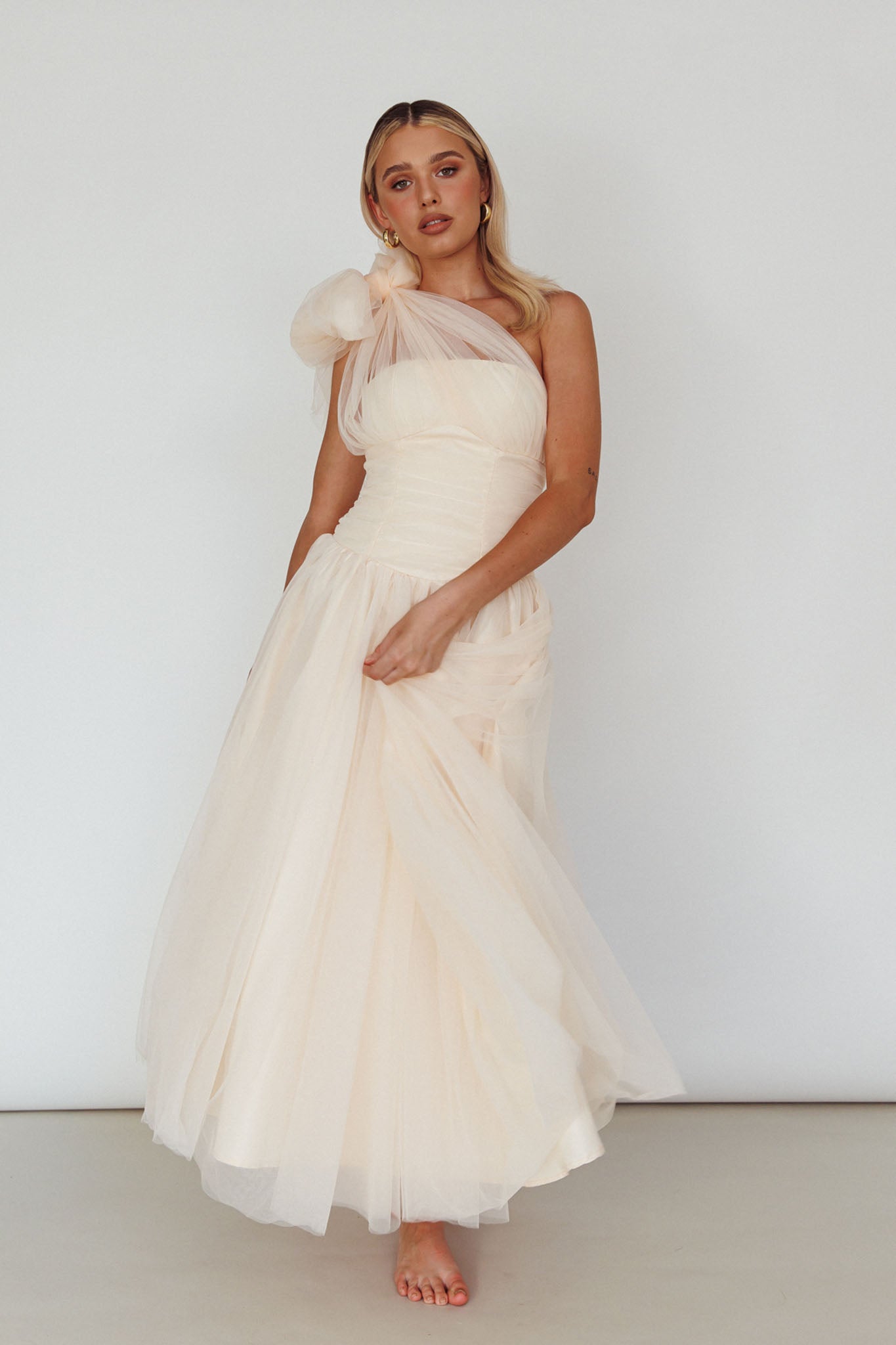 Let's Elope Bow Shoulder Midi Dress Butter by Selfie Leslie Australia