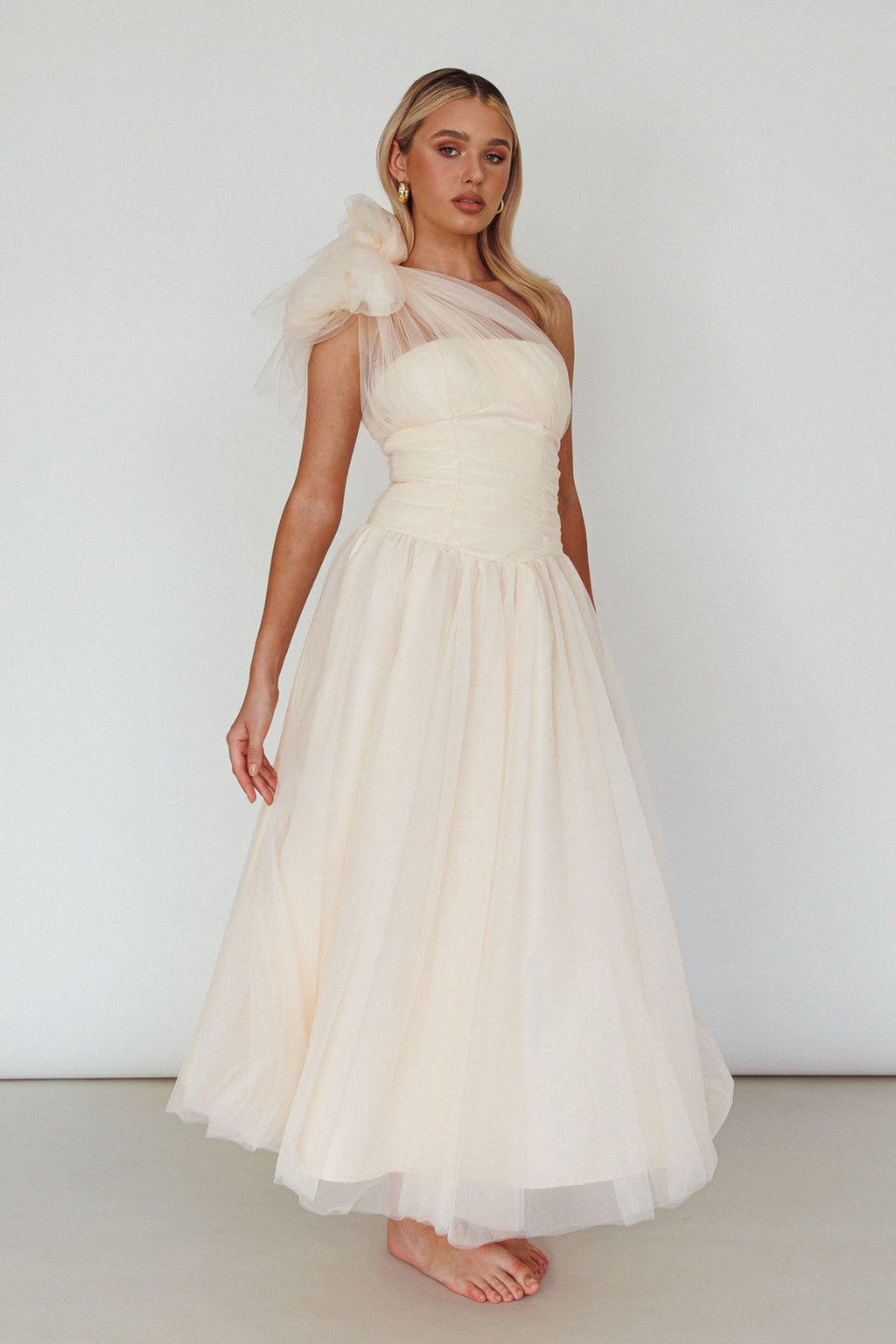 Let's Elope Bow Shoulder Midi Dress Butter by Selfie Leslie Australia