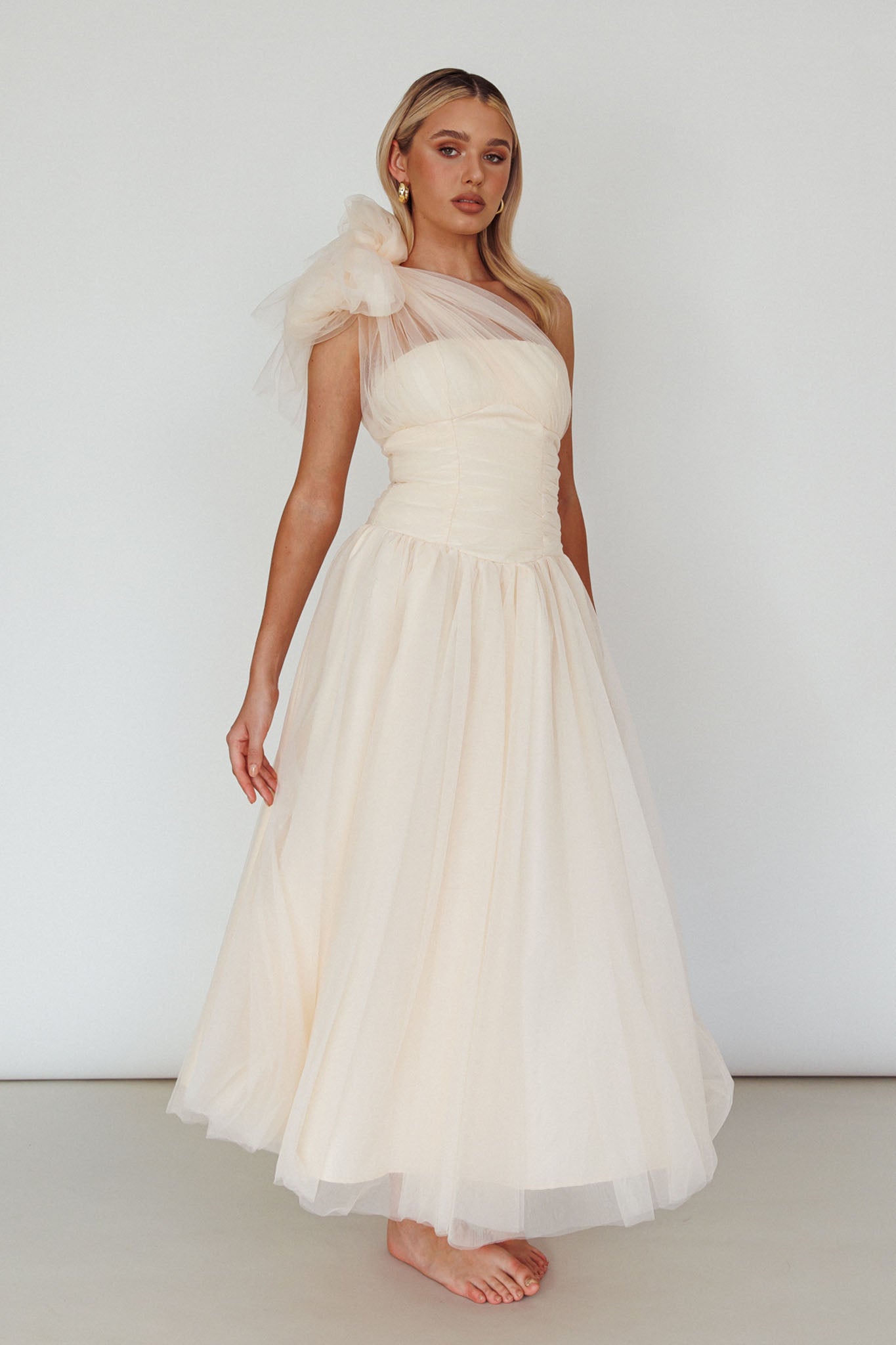 Let's Elope Bow Shoulder Midi Dress Butter by Selfie Leslie Australia