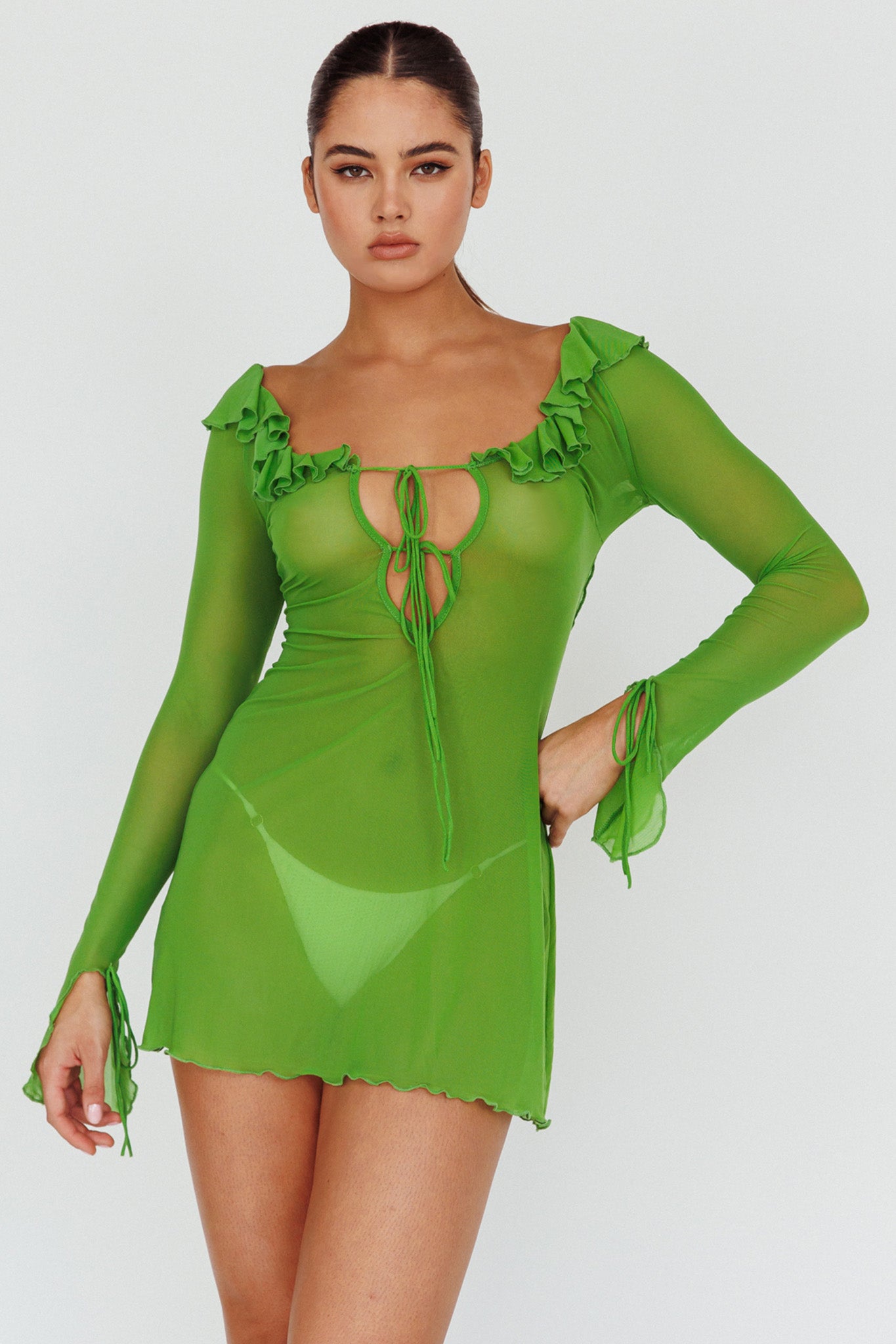 Sea Dreaming Ruffle Trim Mini Dress Lime by Selfie Leslie Australia