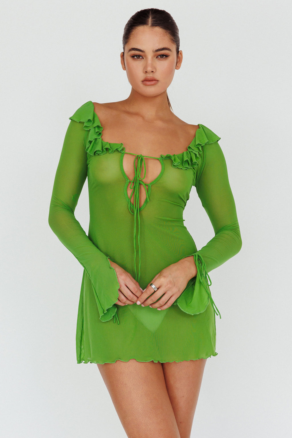 Sea Dreaming Ruffle Trim Mini Dress Lime by Selfie Leslie Australia