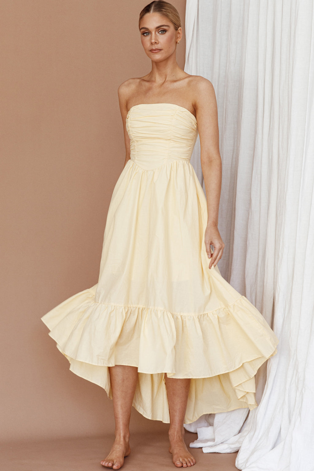 Sunday Mornings Ruched Bust Midi Dress Lemon by Selfie Leslie Australia