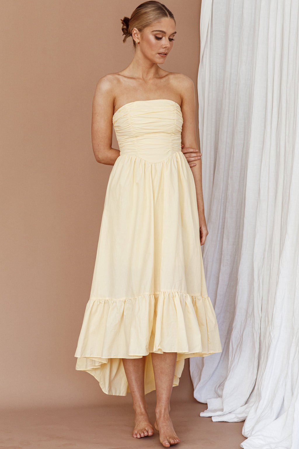 Sunday Mornings Ruched Bust Midi Dress Lemon by Selfie Leslie Australia