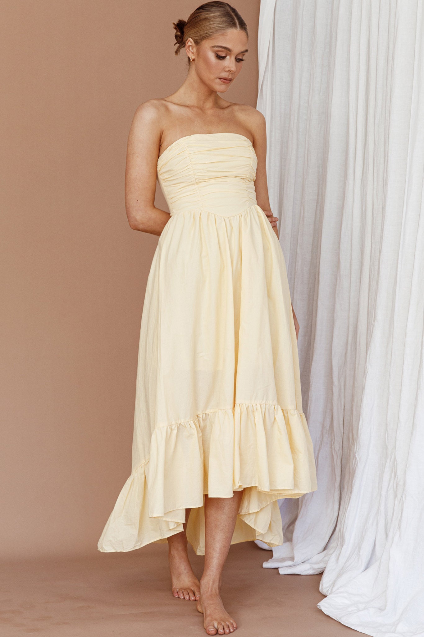 Sunday Mornings Ruched Bust Midi Dress Lemon by Selfie Leslie Australia