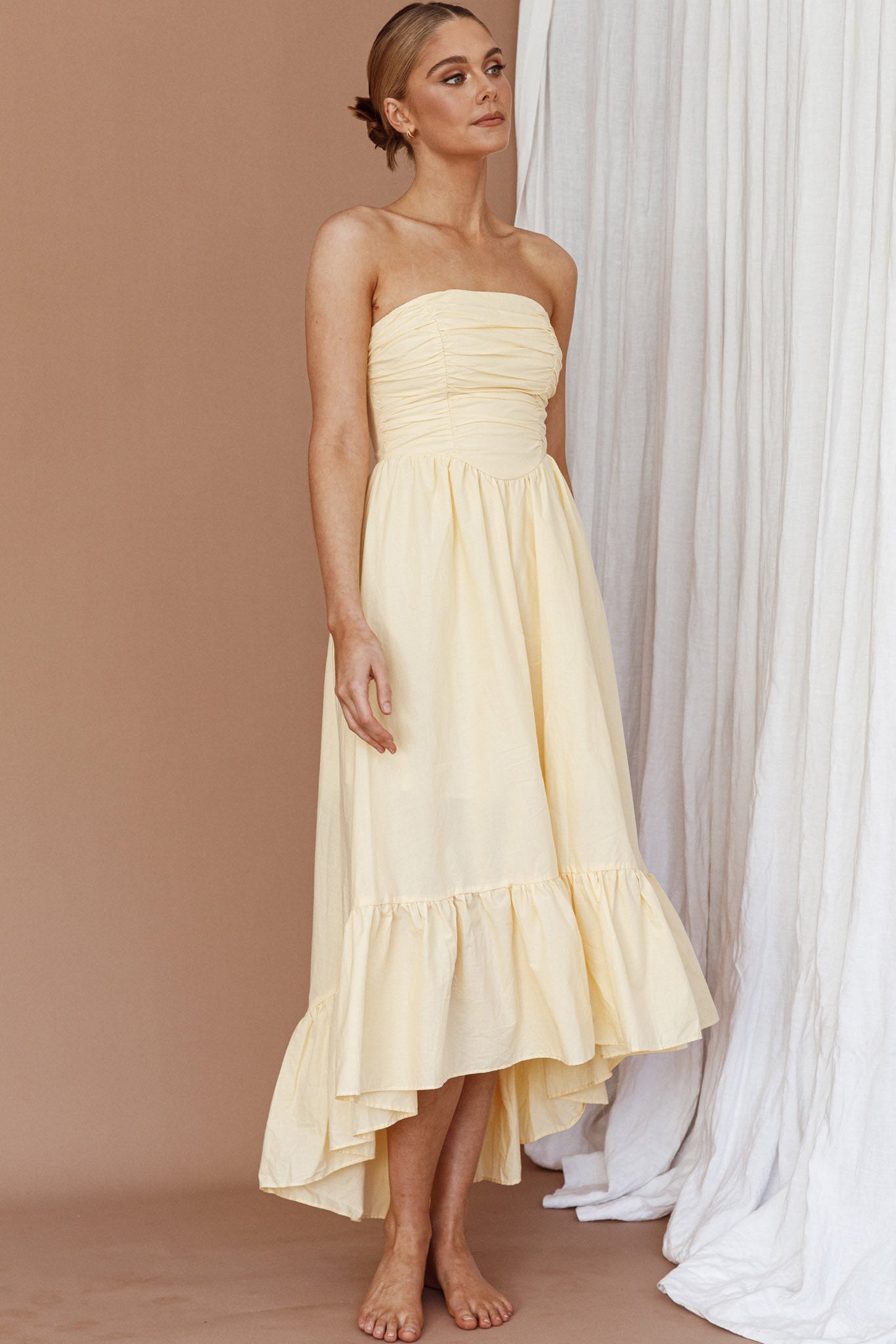 Sunday Mornings Ruched Bust Midi Dress Lemon by Selfie Leslie Australia