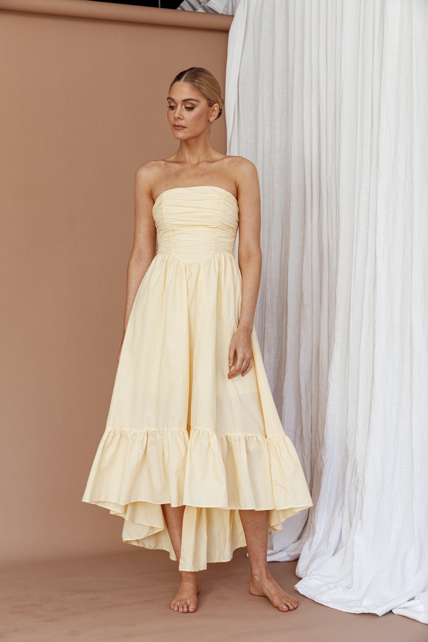 Sunday Mornings Ruched Bust Midi Dress Lemon by Selfie Leslie Australia