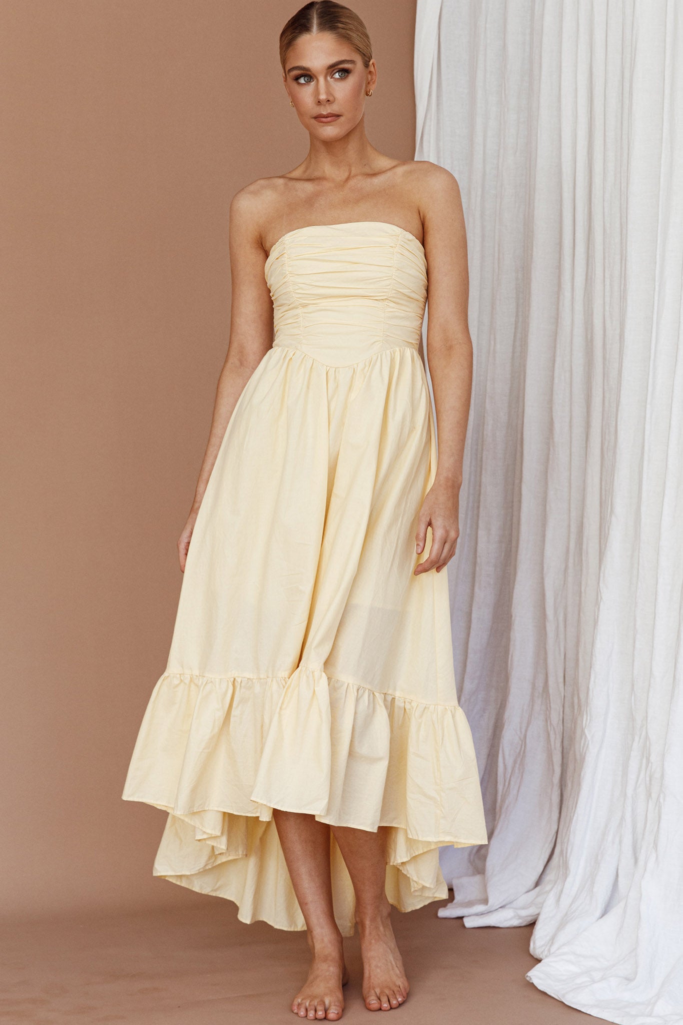 Sunday Mornings Ruched Bust Midi Dress Lemon by Selfie Leslie Australia