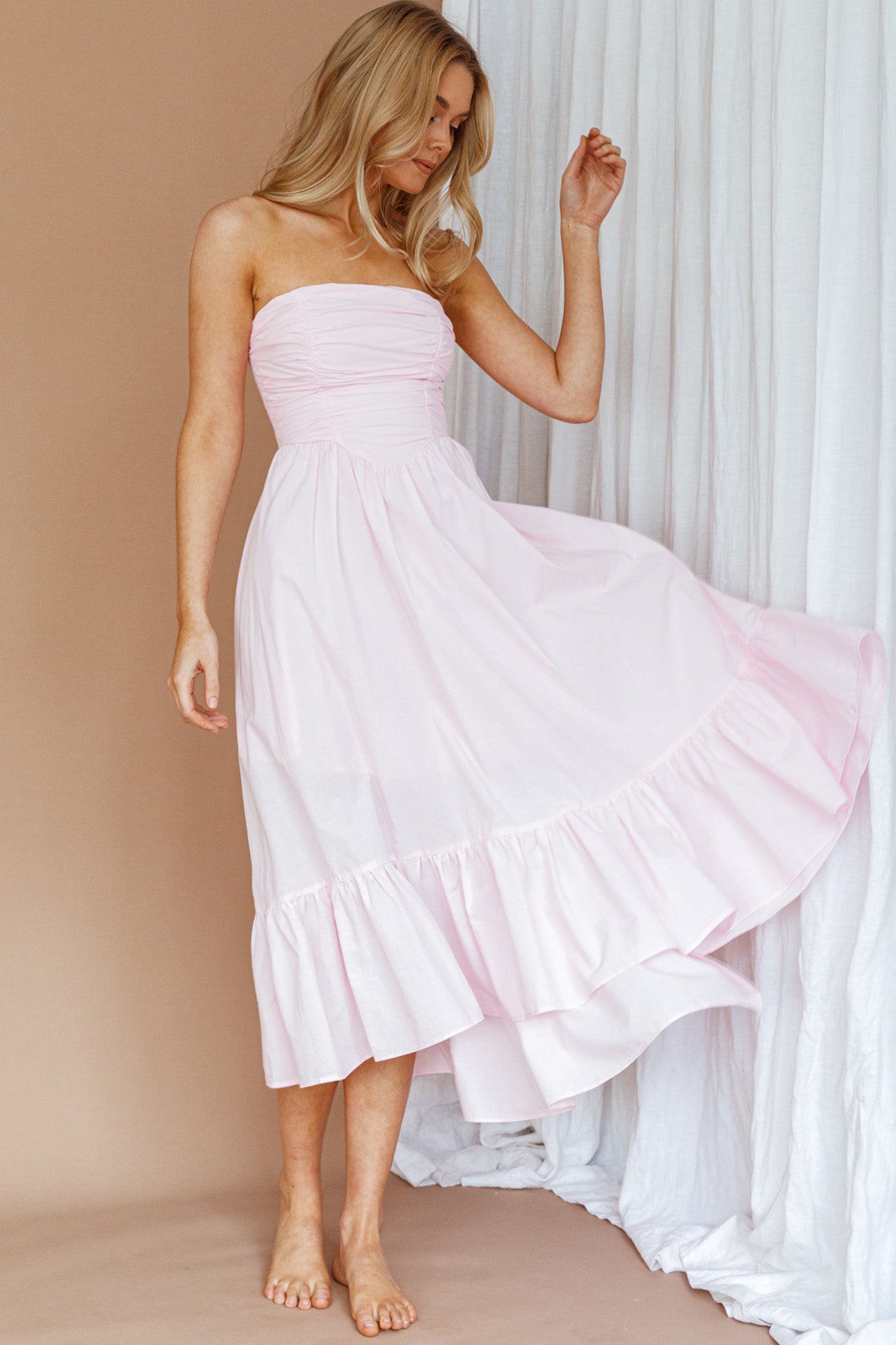 Sunday Mornings Ruched Bust Midi Dress Pink by Selfie Leslie Australia