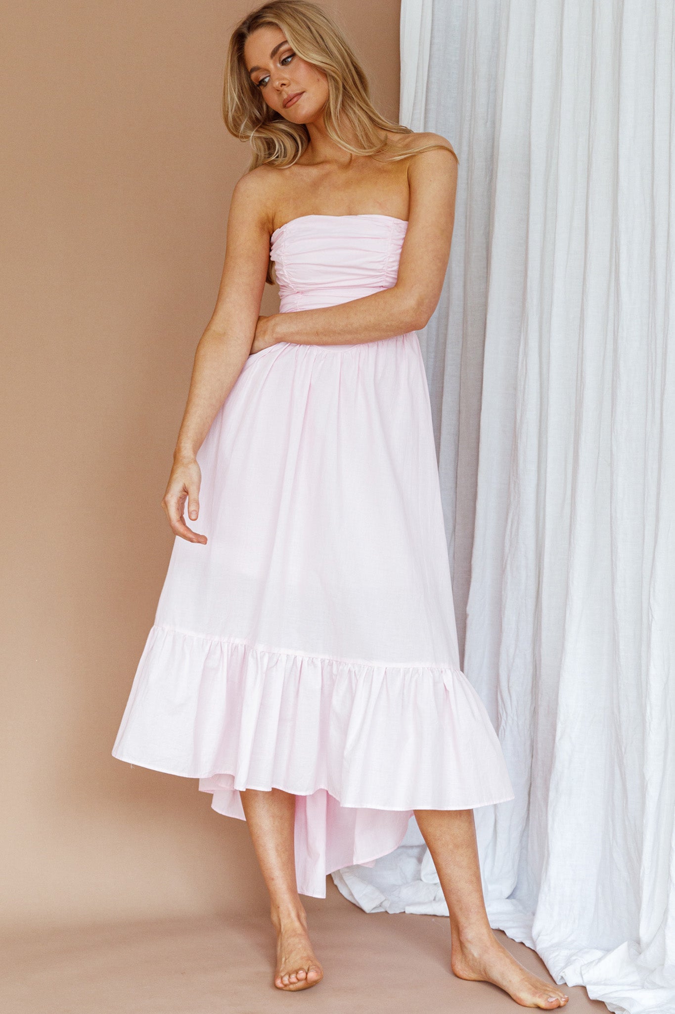 Sunday Mornings Ruched Bust Midi Dress Pink by Selfie Leslie Australia