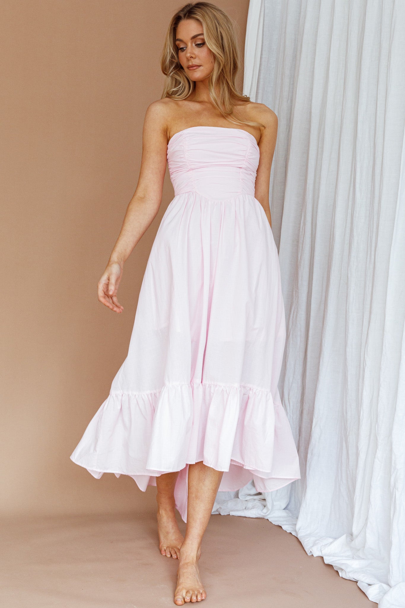 Sunday Mornings Ruched Bust Midi Dress Pink by Selfie Leslie Australia
