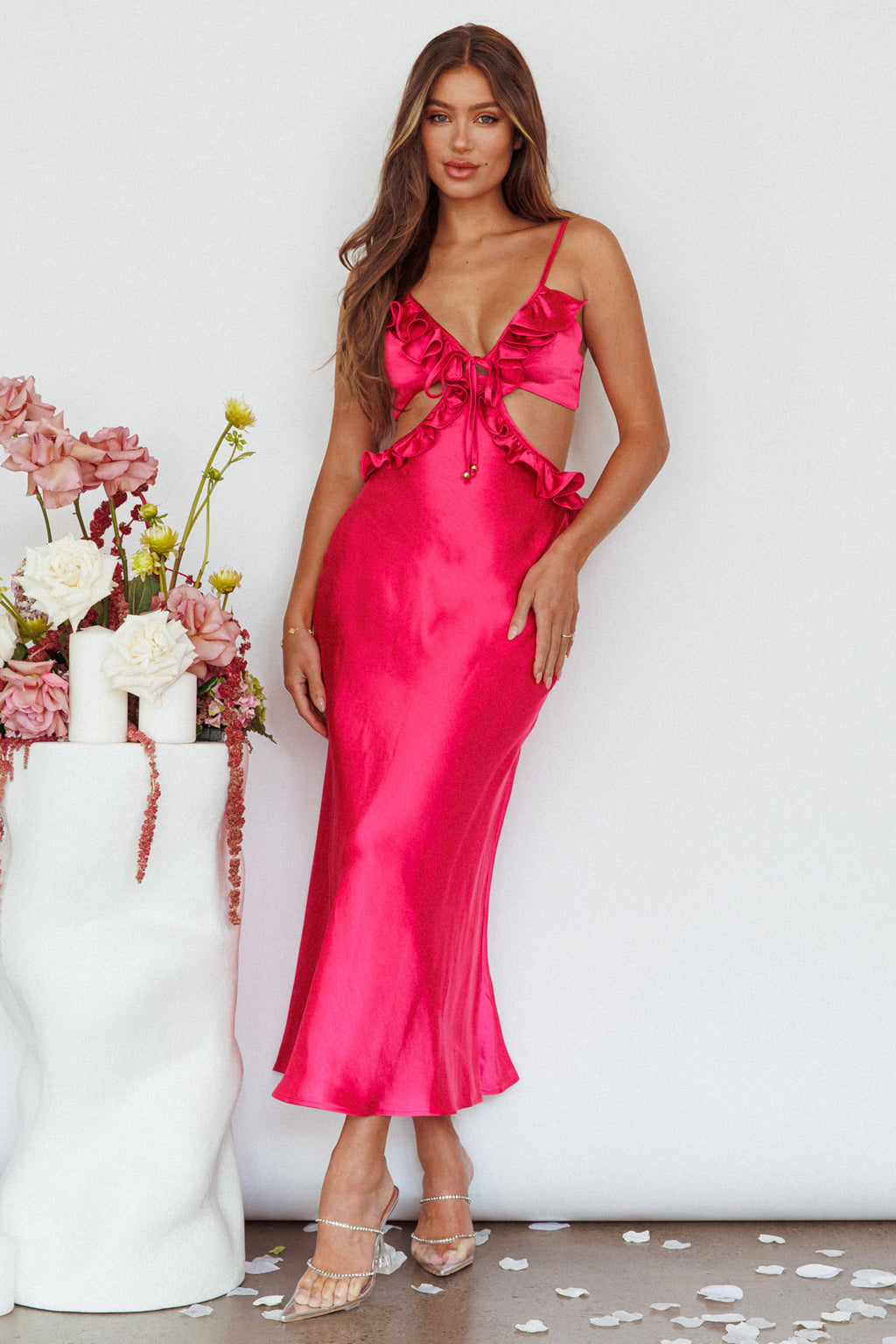 Stole My Heart Frill Trim Maxi Dress Hot Pink by Selfie Leslie Australia
