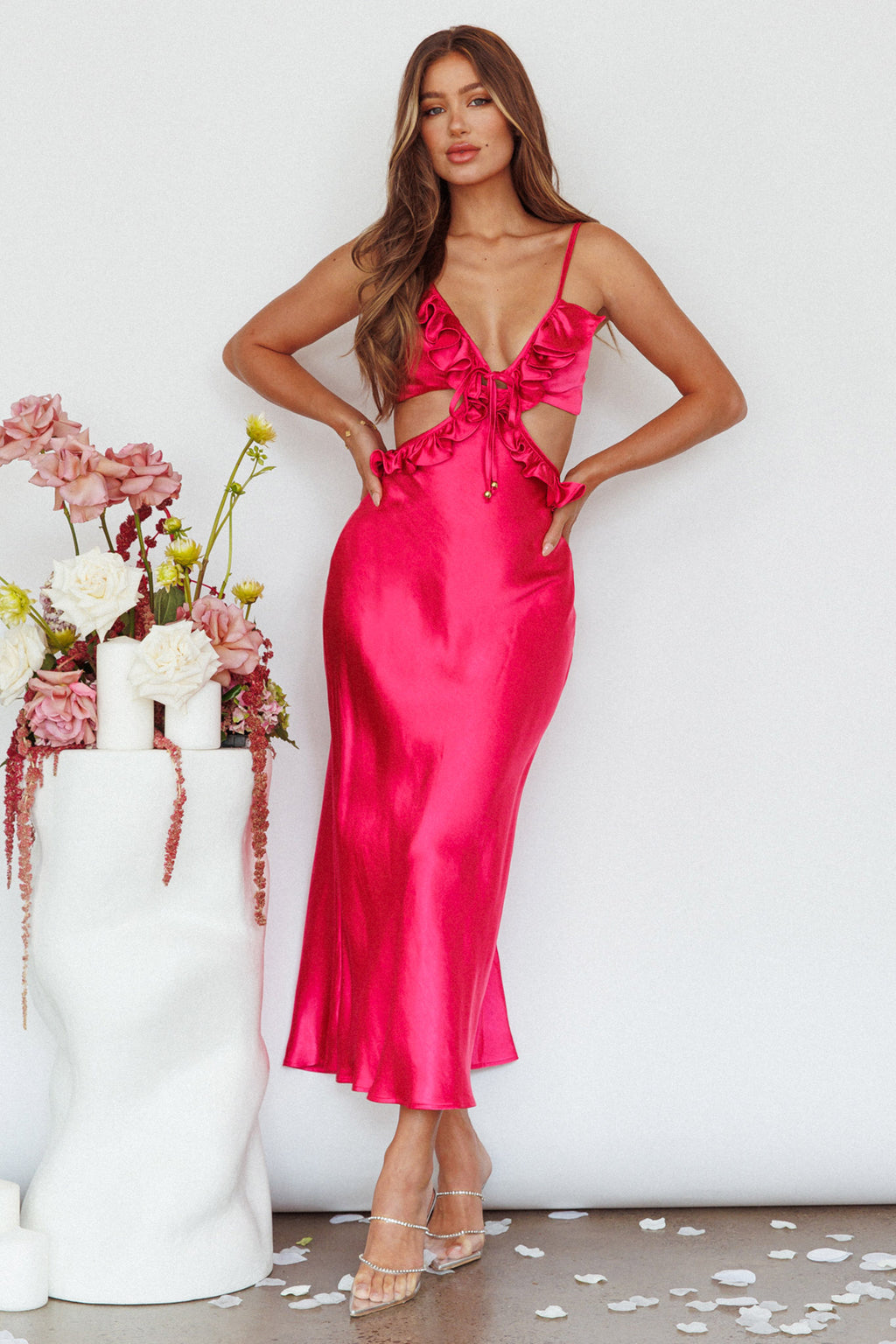 Stole My Heart Frill Trim Maxi Dress Hot Pink by Selfie Leslie Australia