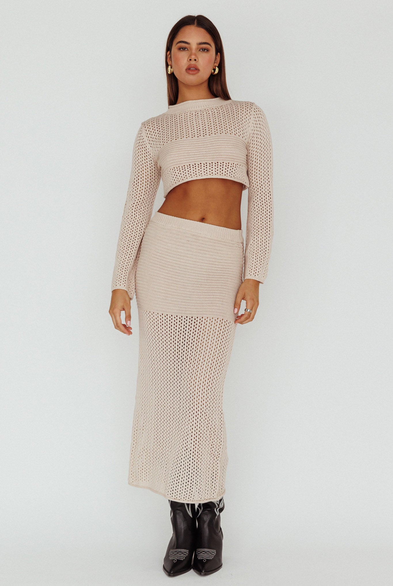 Bayside Crochet Midi Skirt Beige by Selfie Leslie Australia