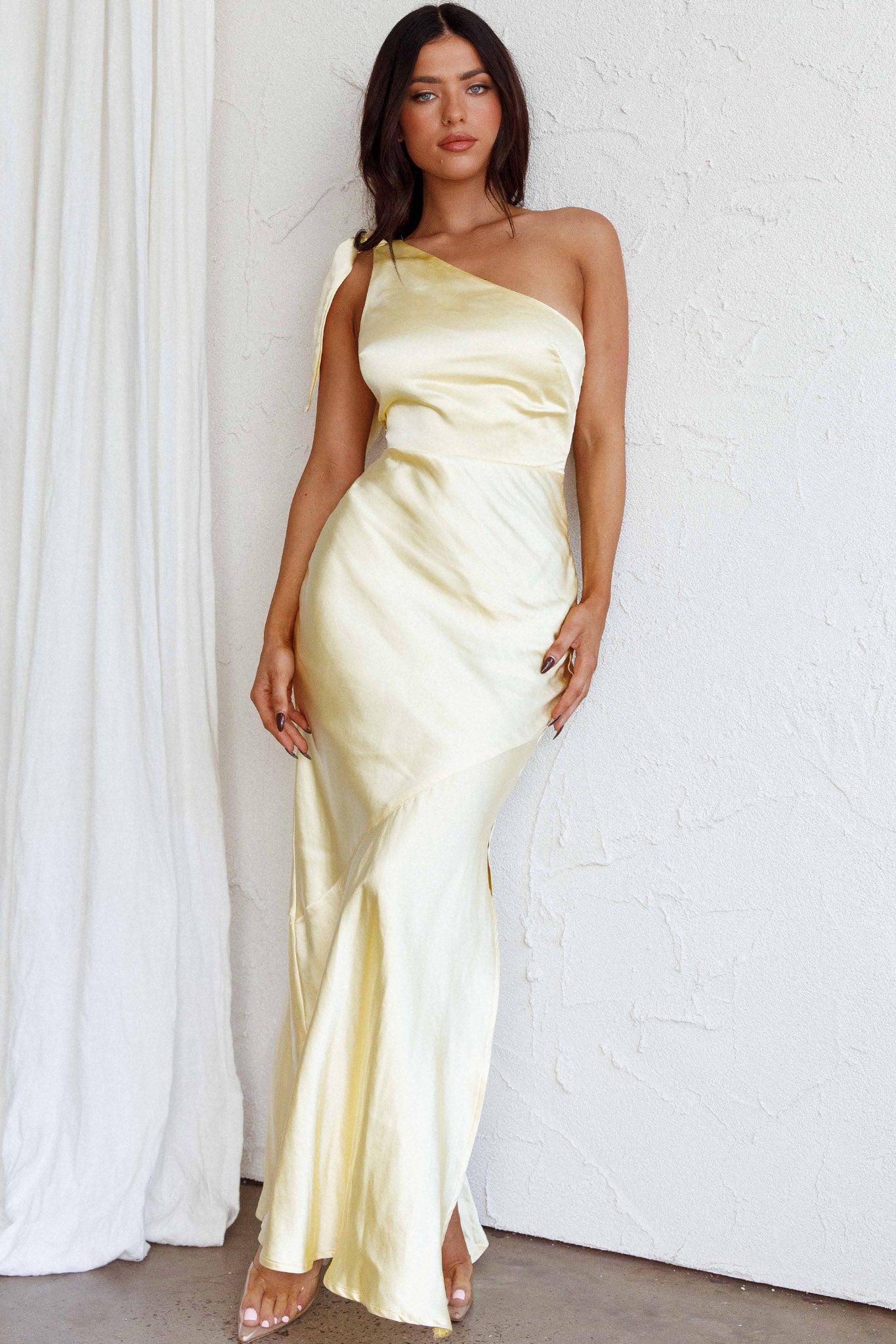 Eleanora One-Shoulder Satin Dress Butter by Selfie Leslie Australia