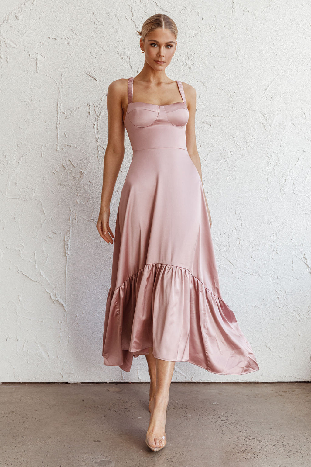Belle De Jour Flounce Hem Midi Dress Blush by Selfie Leslie Australia