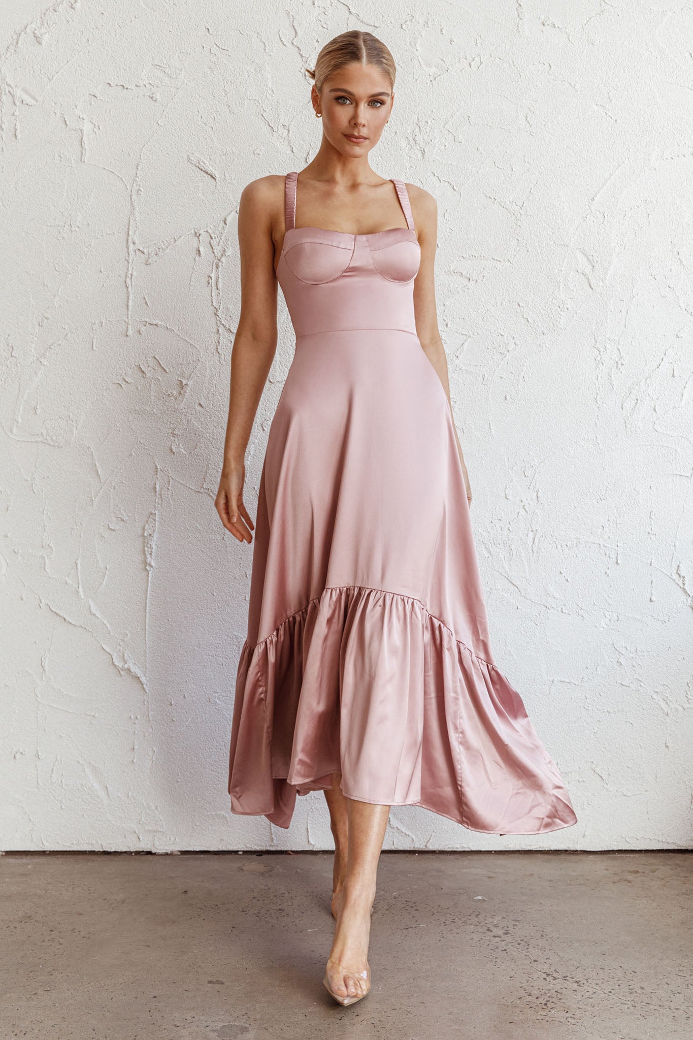 Belle De Jour Flounce Hem Midi Dress Blush by Selfie Leslie Australia