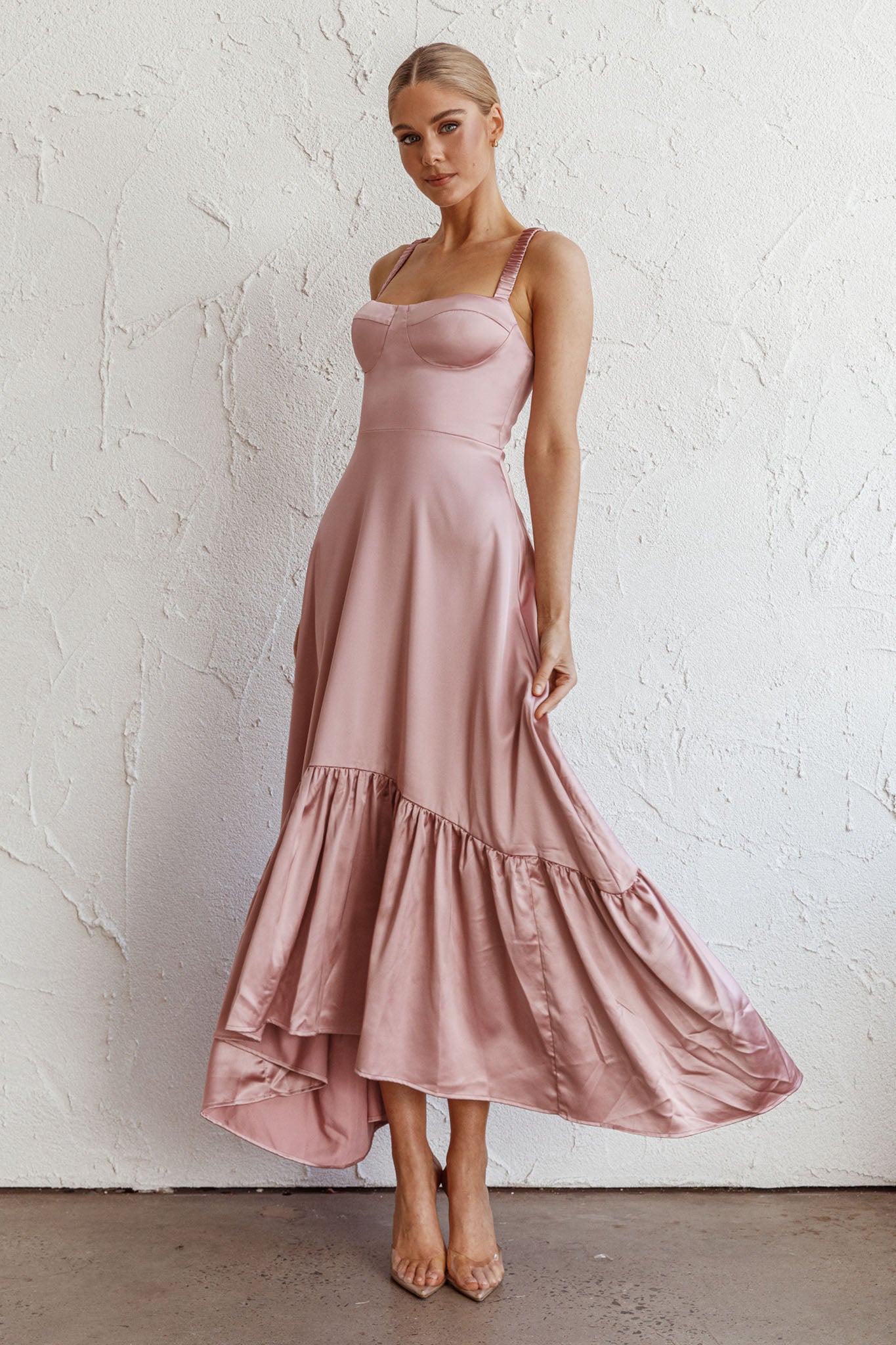 Belle De Jour Flounce Hem Midi Dress Blush by Selfie Leslie Australia