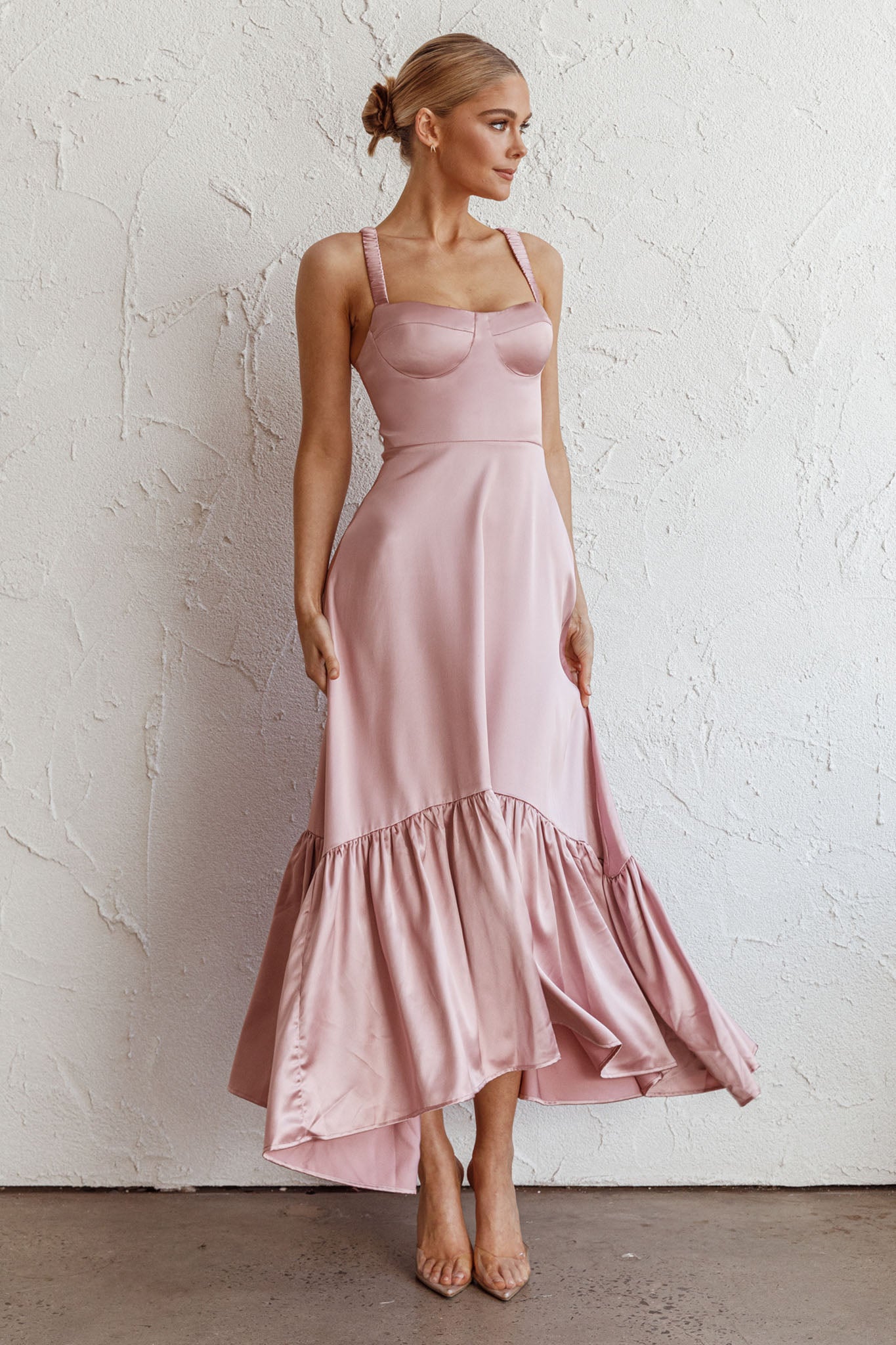 Belle De Jour Flounce Hem Midi Dress Blush by Selfie Leslie Australia