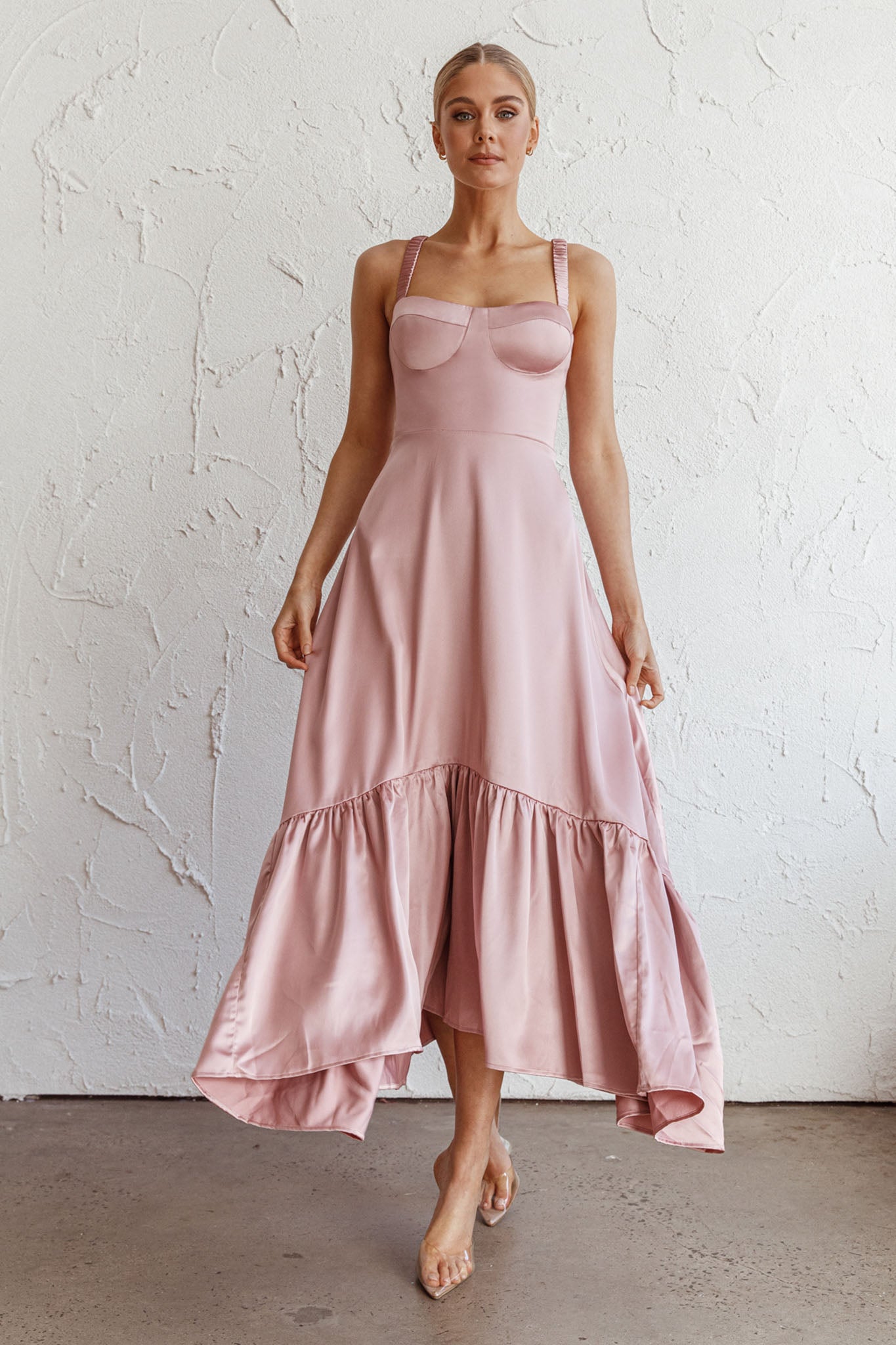Belle De Jour Flounce Hem Midi Dress Blush by Selfie Leslie Australia