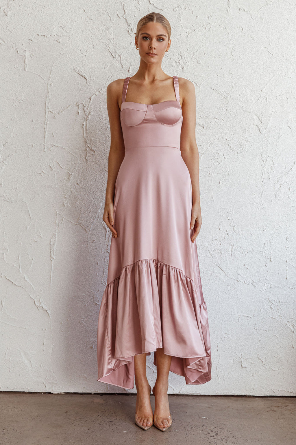 Belle De Jour Flounce Hem Midi Dress Blush by Selfie Leslie Australia