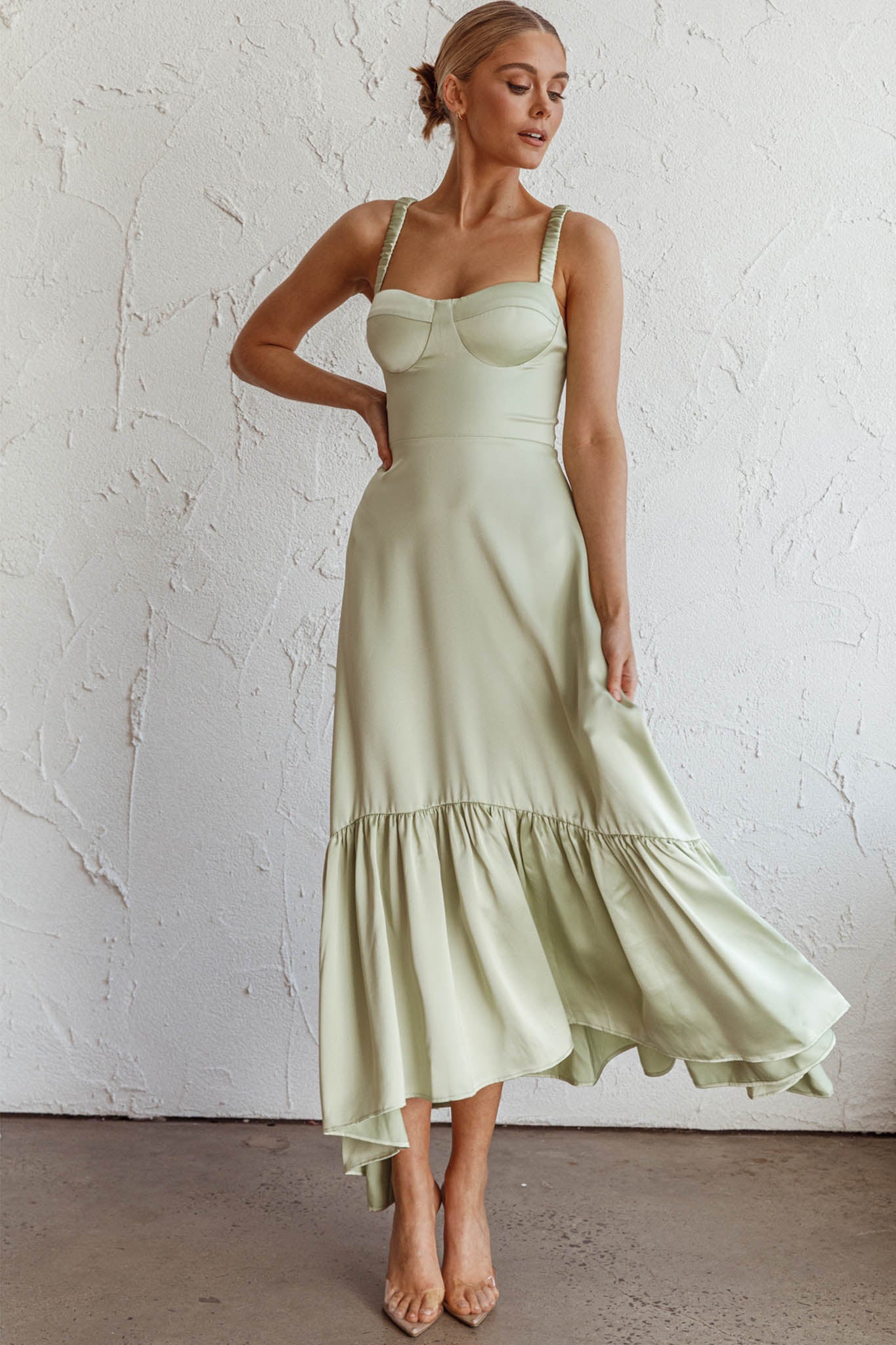 Belle De Jour Flounce Hem Midi Dress Pistachio by Selfie Leslie Australia