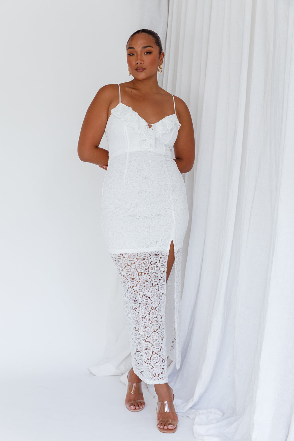 Evaleigh Frill Trim Lace Midi Dress White by Selfie Leslie Australia