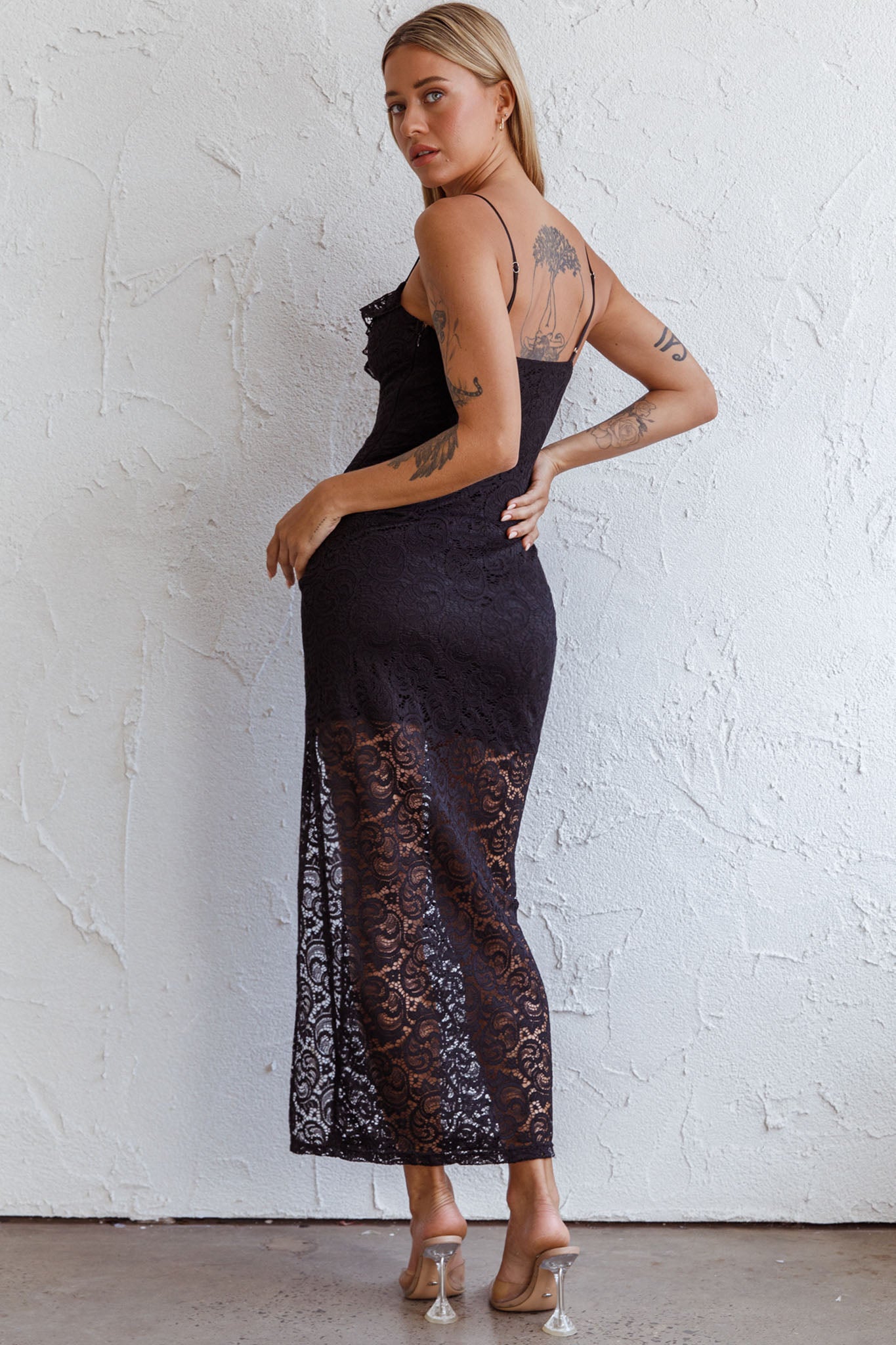 Evaleigh Frill Trim Lace Midi Dress Black by Selfie Leslie Australia