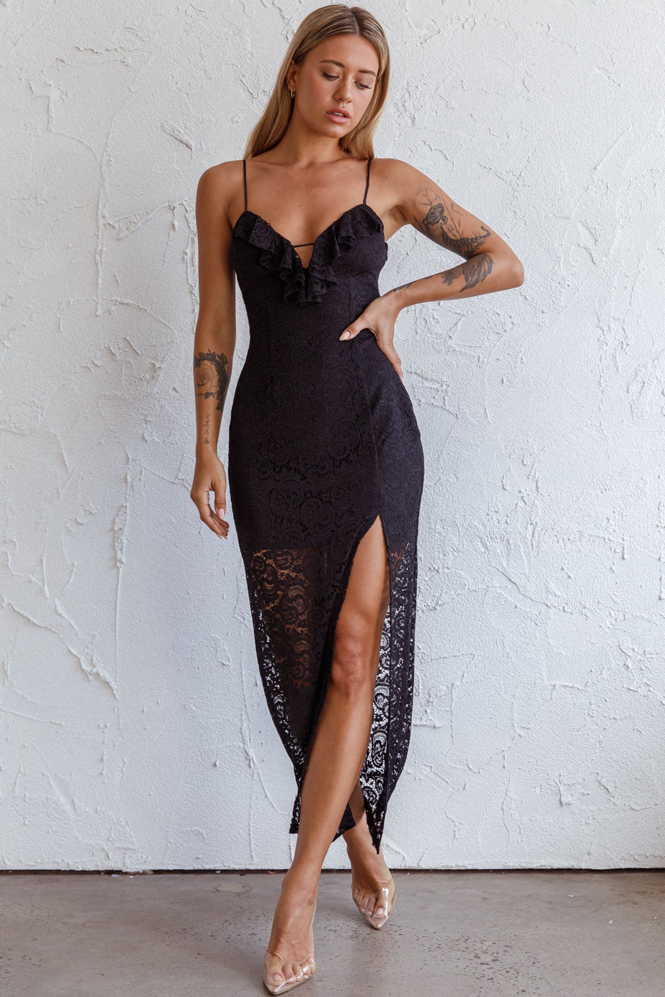Evaleigh Frill Trim Lace Midi Dress Black by Selfie Leslie Australia