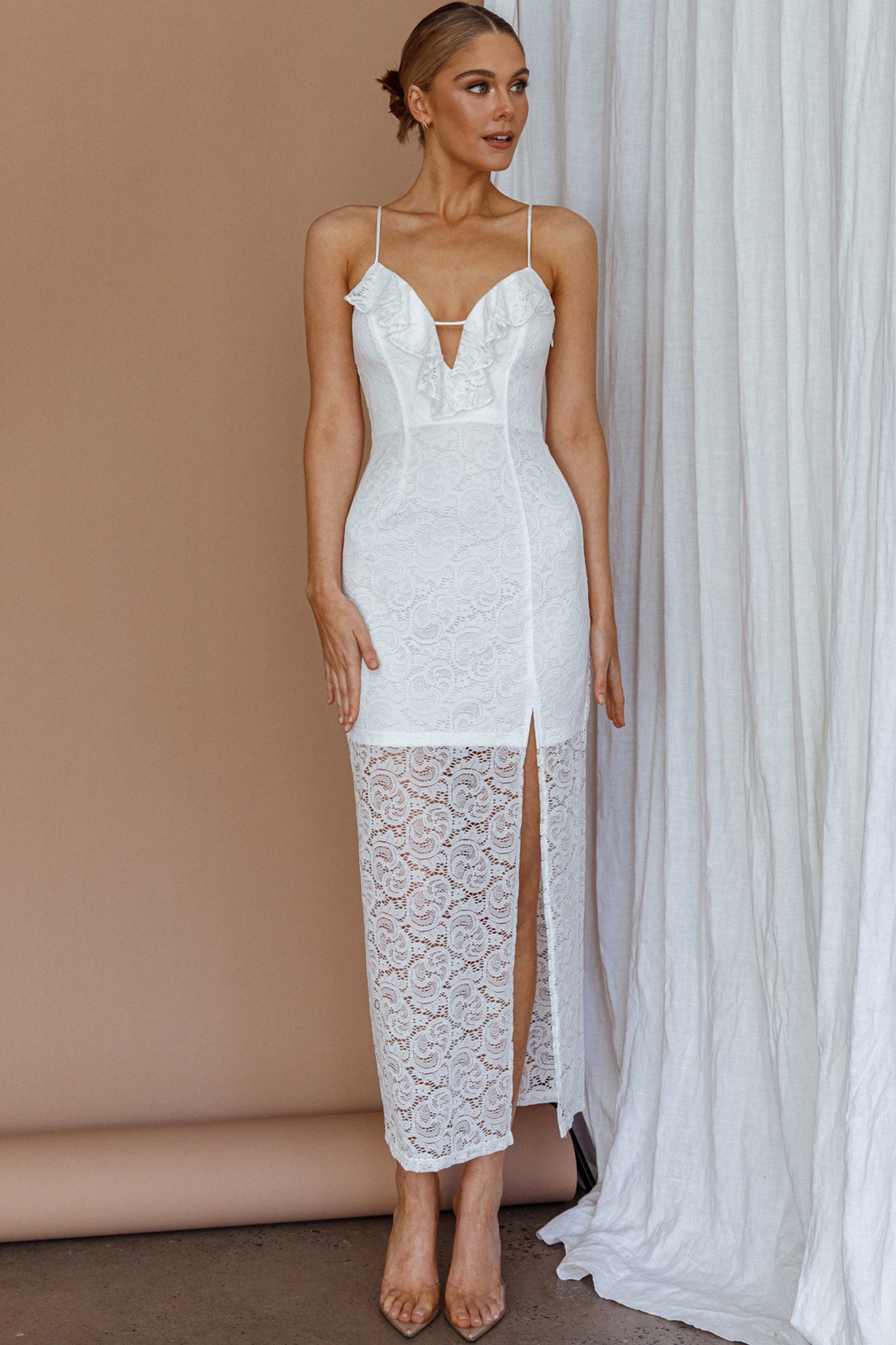 Evaleigh Frill Trim Lace Midi Dress White by Selfie Leslie Australia