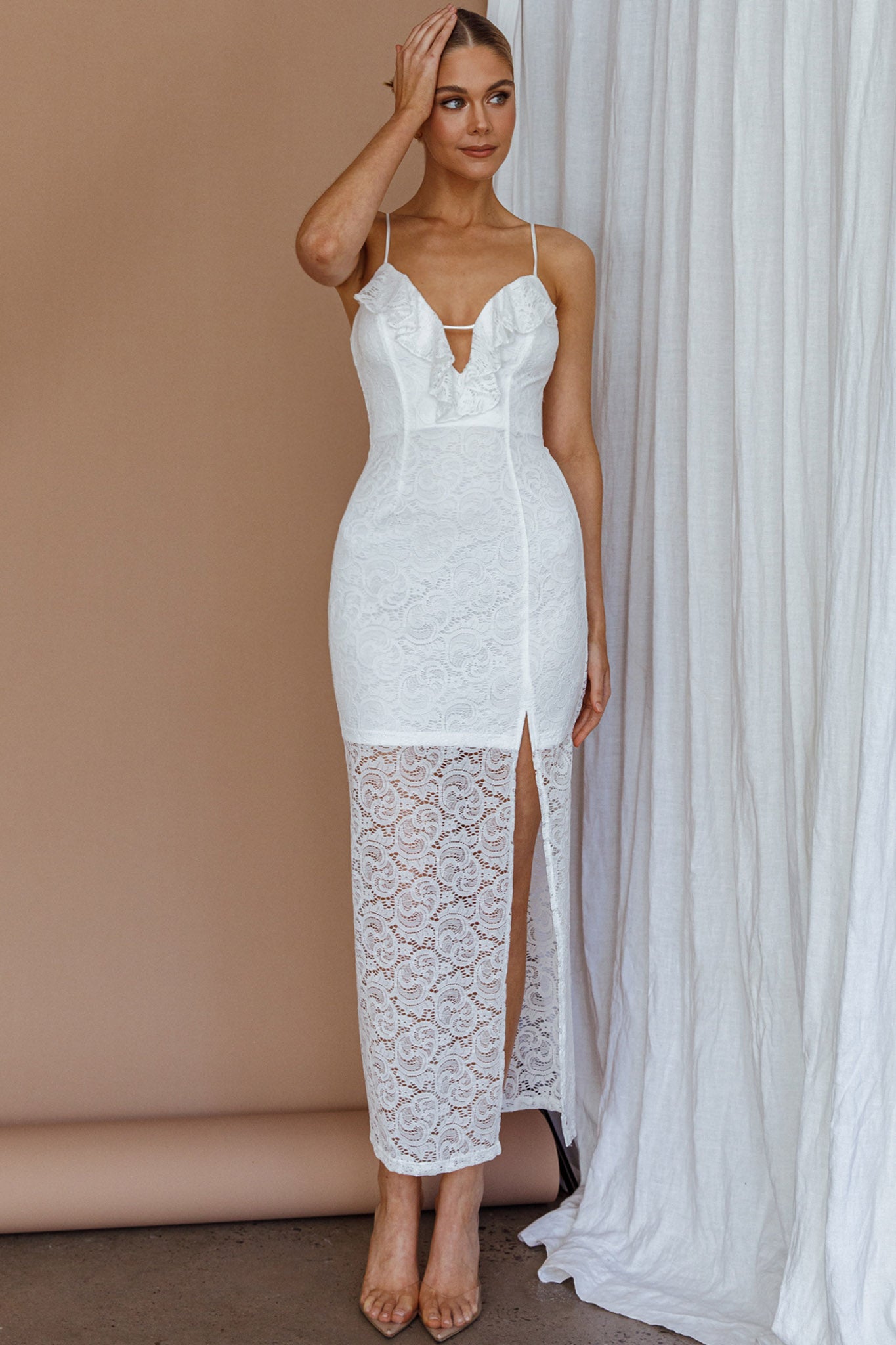Evaleigh Frill Trim Lace Midi Dress White by Selfie Leslie Australia