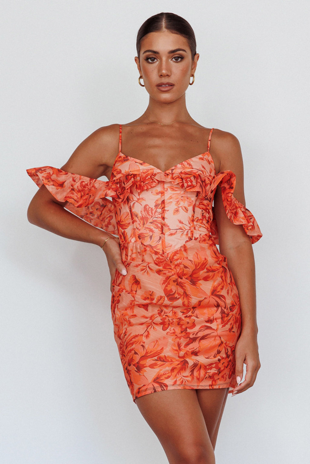 Catania Off-Shoulder Ruffle Mini Dress Floral Orange by Selfie Leslie Australia