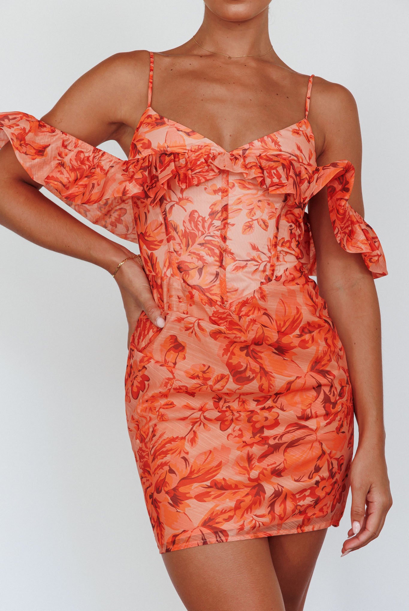 Catania Off-Shoulder Ruffle Mini Dress Floral Orange by Selfie Leslie Australia