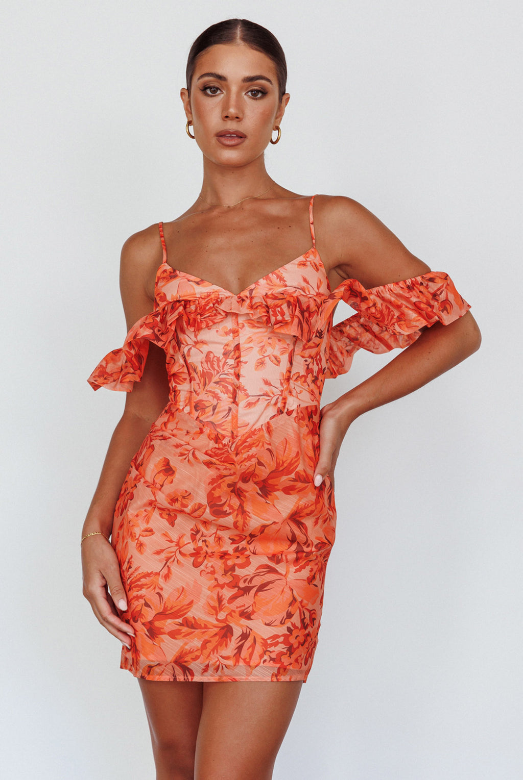 Catania Off-Shoulder Ruffle Mini Dress Floral Orange by Selfie Leslie Australia
