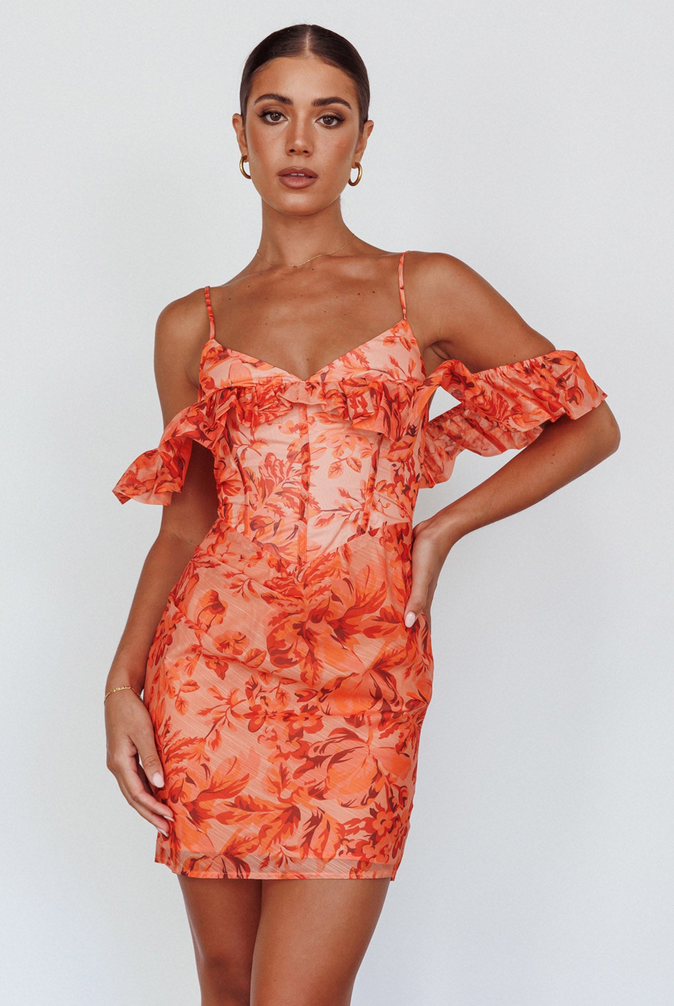 Catania Off-Shoulder Ruffle Mini Dress Floral Orange by Selfie Leslie Australia