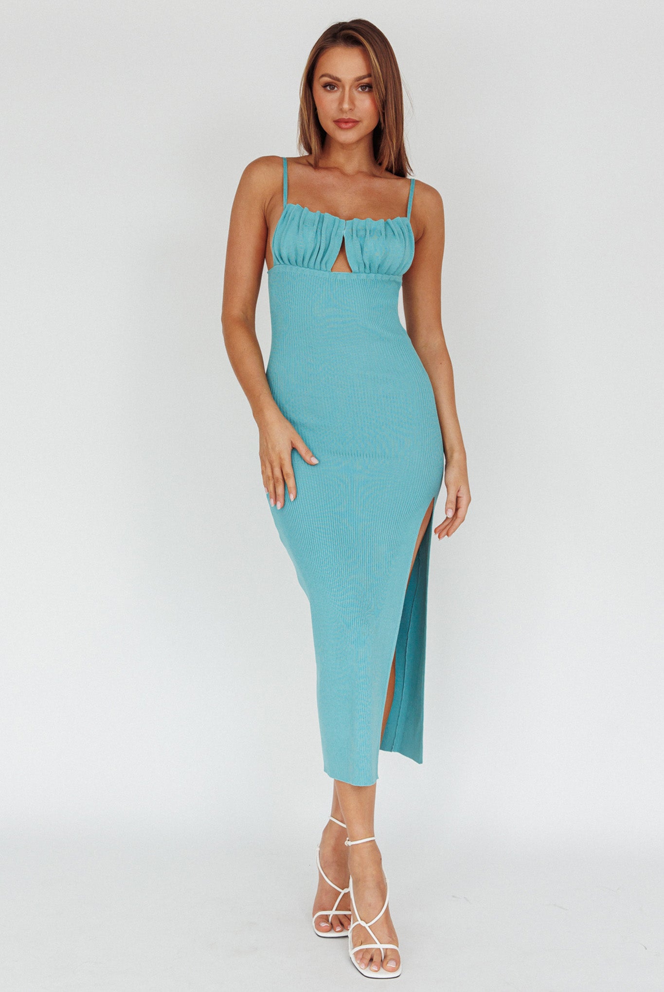 Jelina Gathered Bust Knit Midi Dress Teal by Selfie Leslie Australia