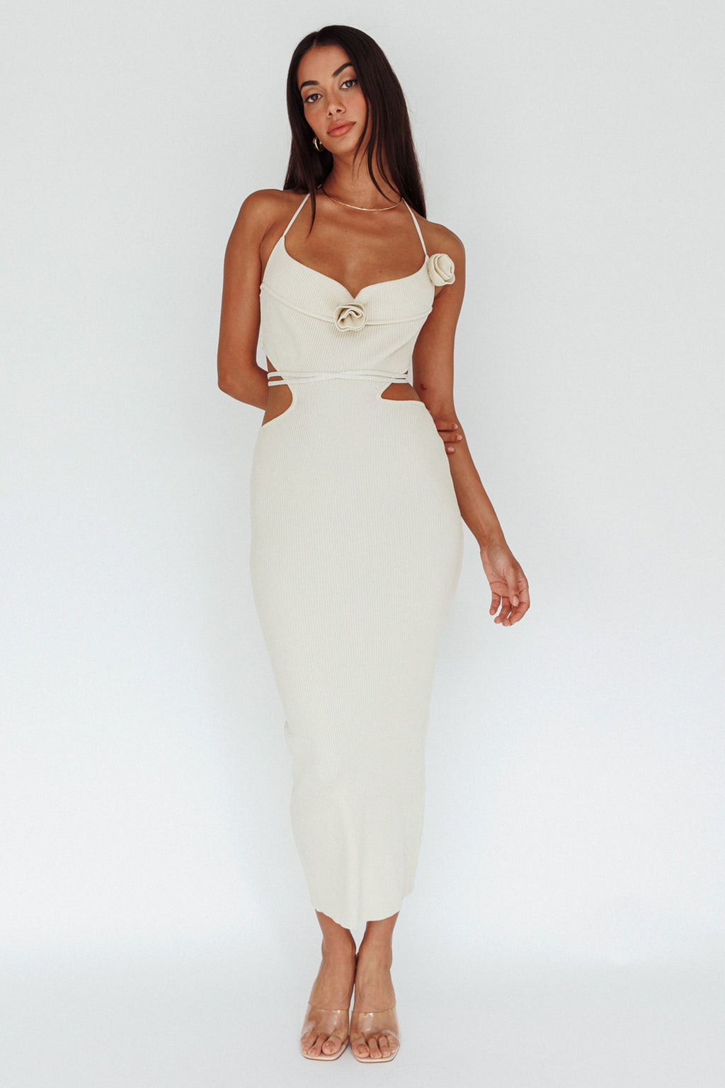 Rue Rose Accent Ribbed Knit Midi Dress Beige by Selfie Leslie Australia