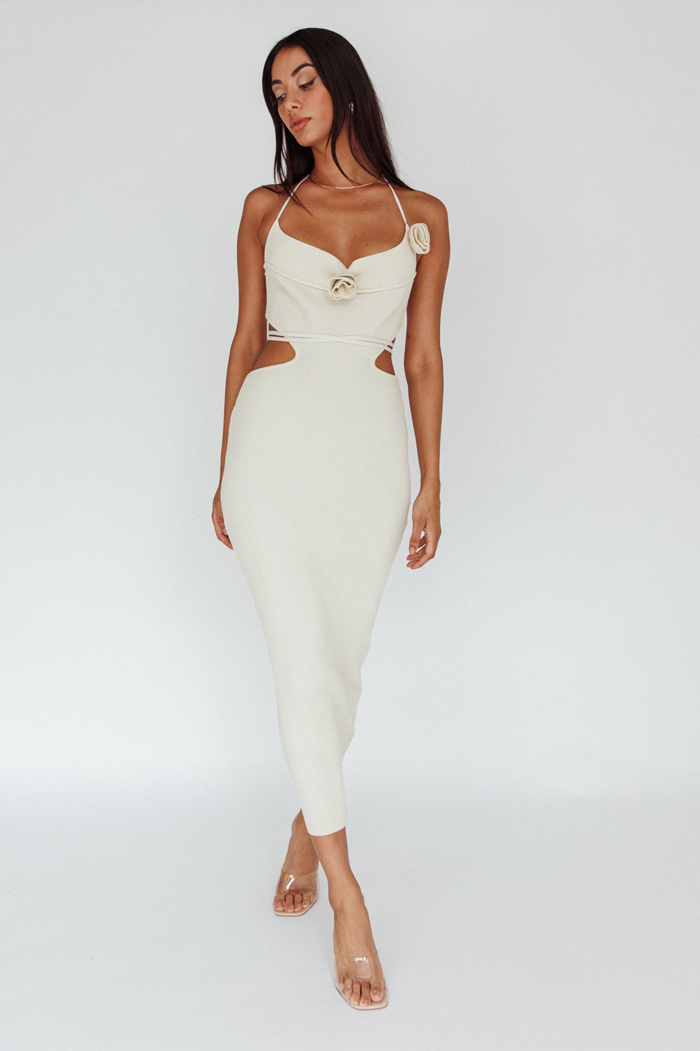 Rue Rose Accent Ribbed Knit Midi Dress Beige by Selfie Leslie Australia