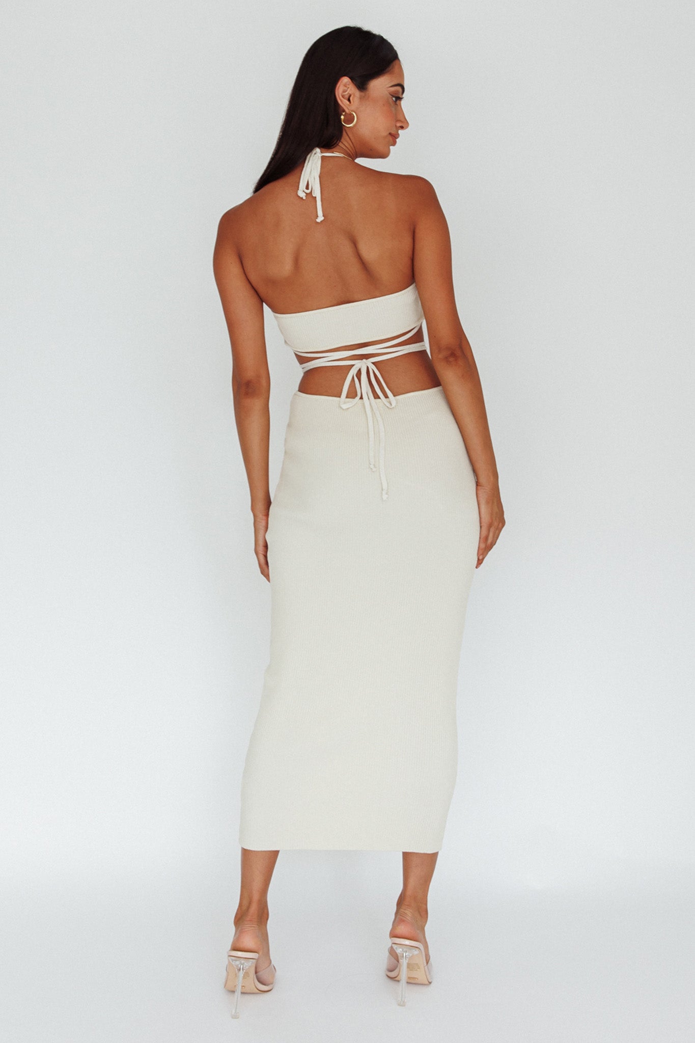 Rue Rose Accent Ribbed Knit Midi Dress Beige by Selfie Leslie Australia