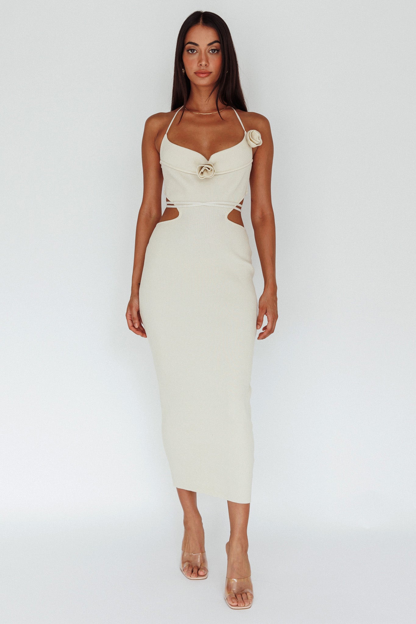 Rue Rose Accent Ribbed Knit Midi Dress Beige by Selfie Leslie Australia