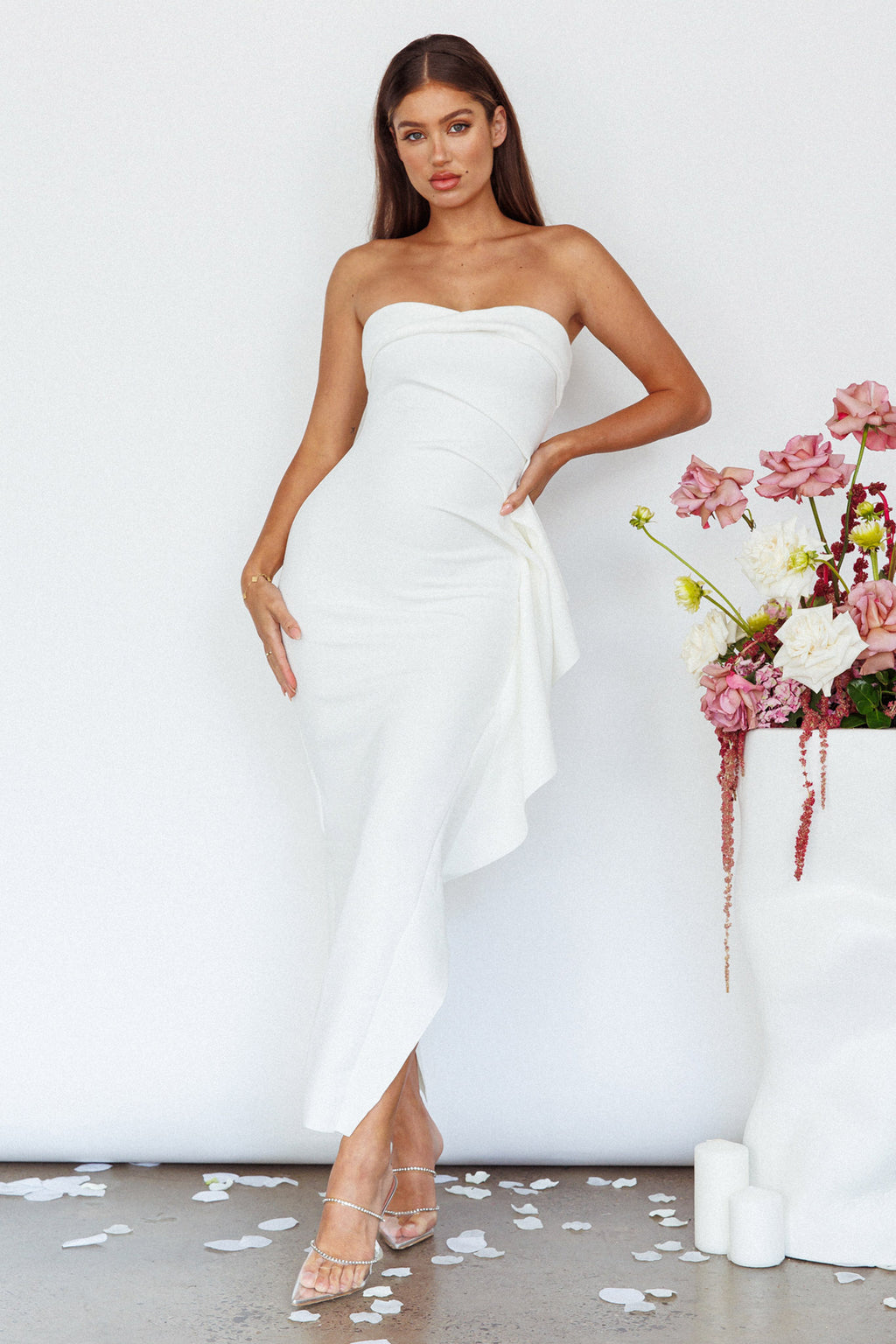 Sasha Cascade Ruffle Midi Dress White by Selfie Leslie Australia