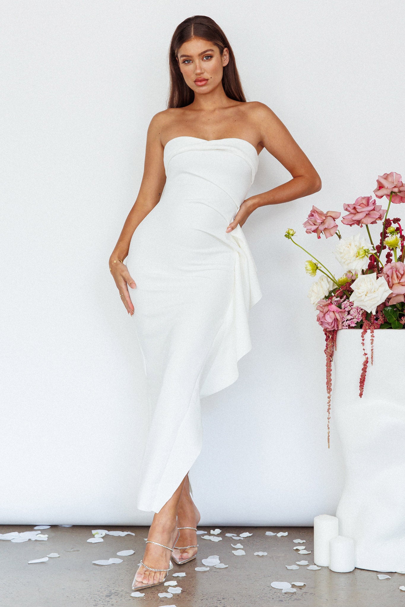 Sasha Cascade Ruffle Midi Dress White by Selfie Leslie Australia